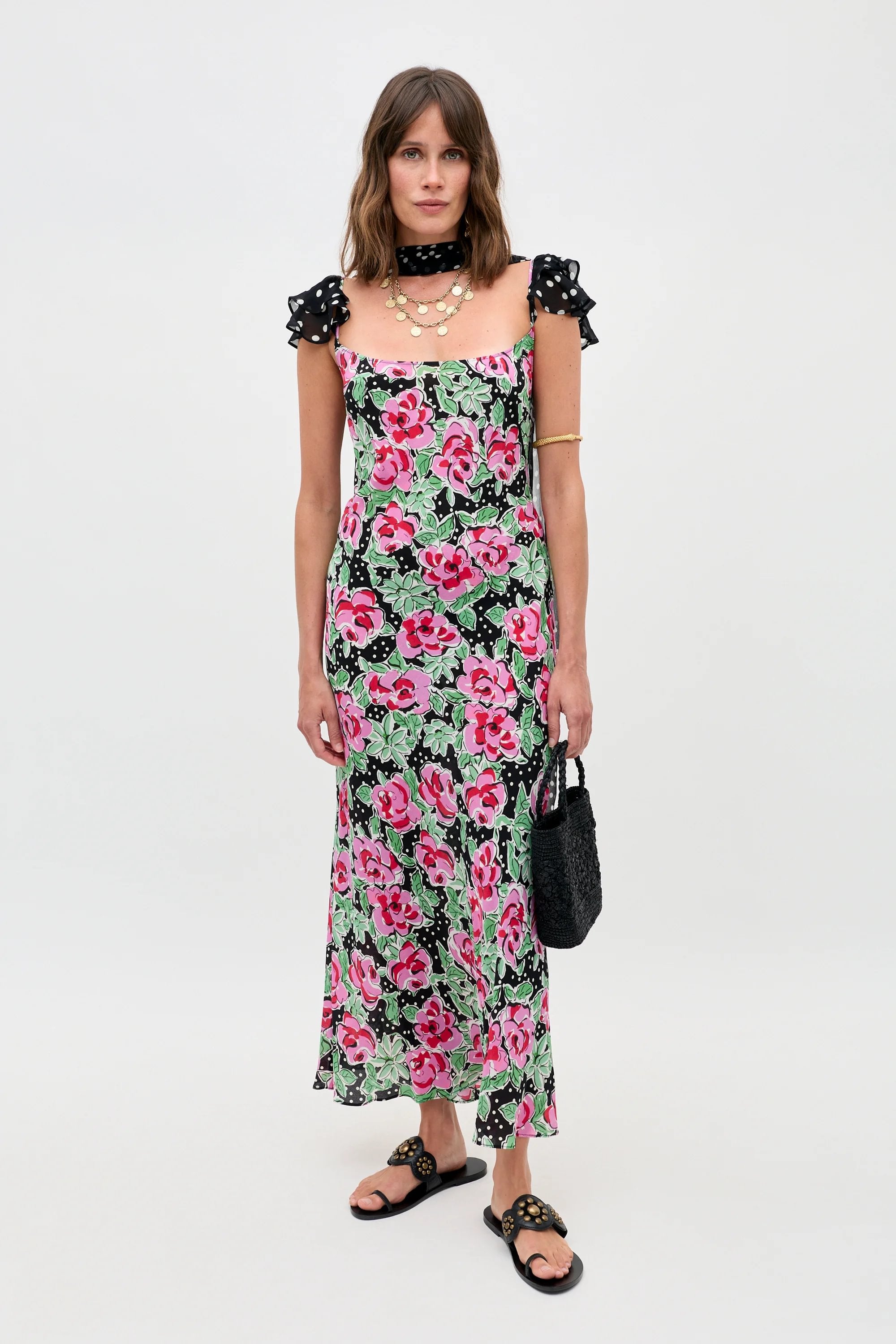 Adele Silk Midi Dress in Rose Dot Mix Black | RIXO USA ⋆