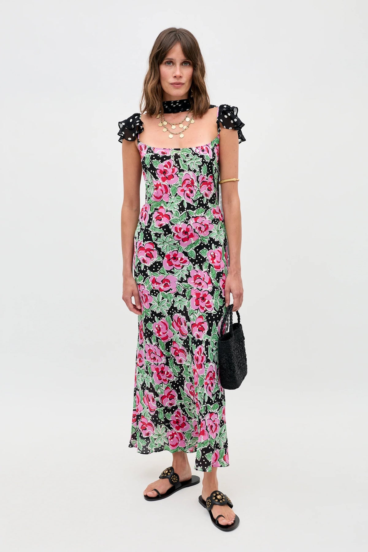 Adele Silk Midi Dress in Rose Dot Mix Black | RIXO USA Adele Silk Midi Dress in Rose Dot Mix Black | RIXO USA