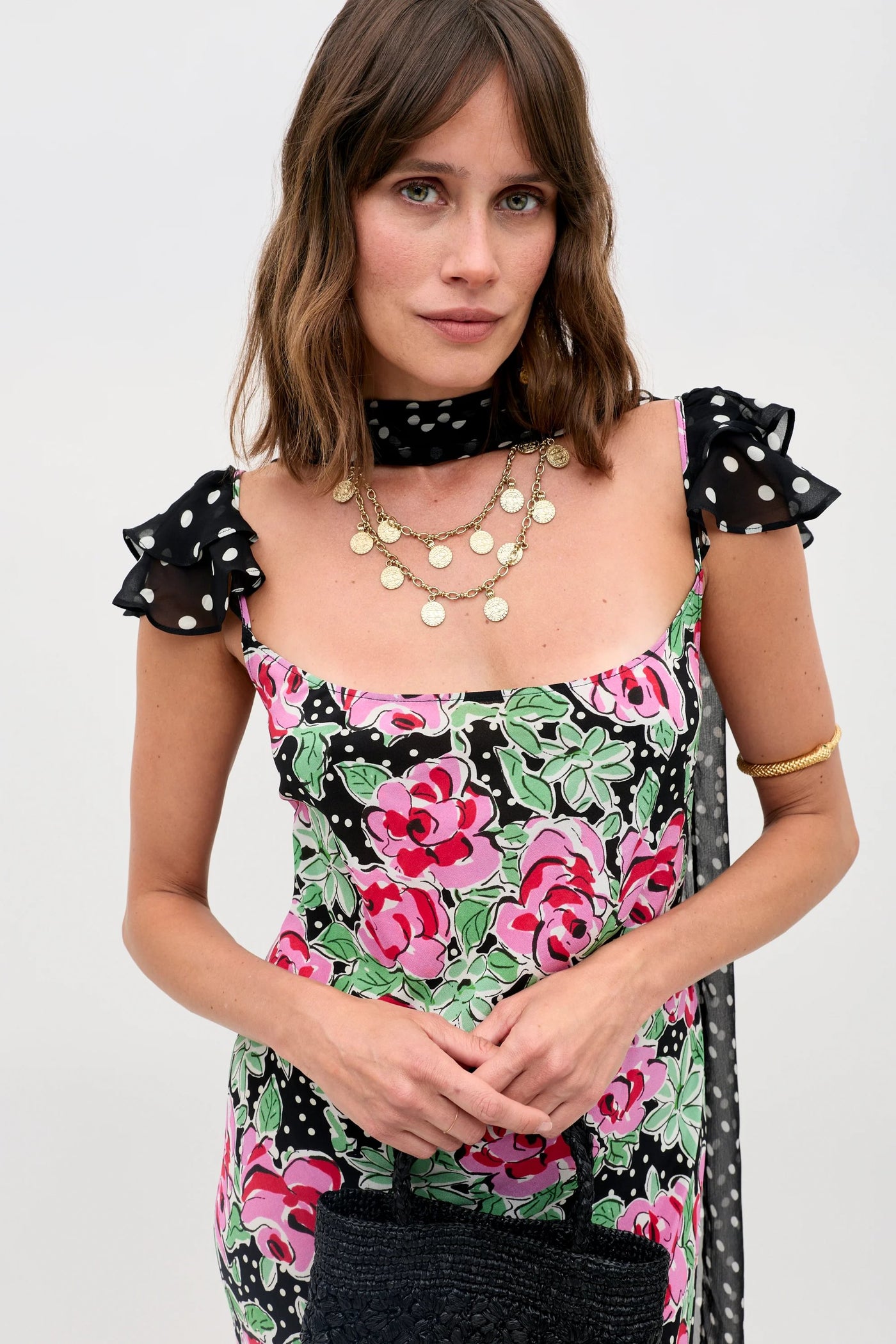 Adele Silk Midi Dress in Rose Dot Mix Black