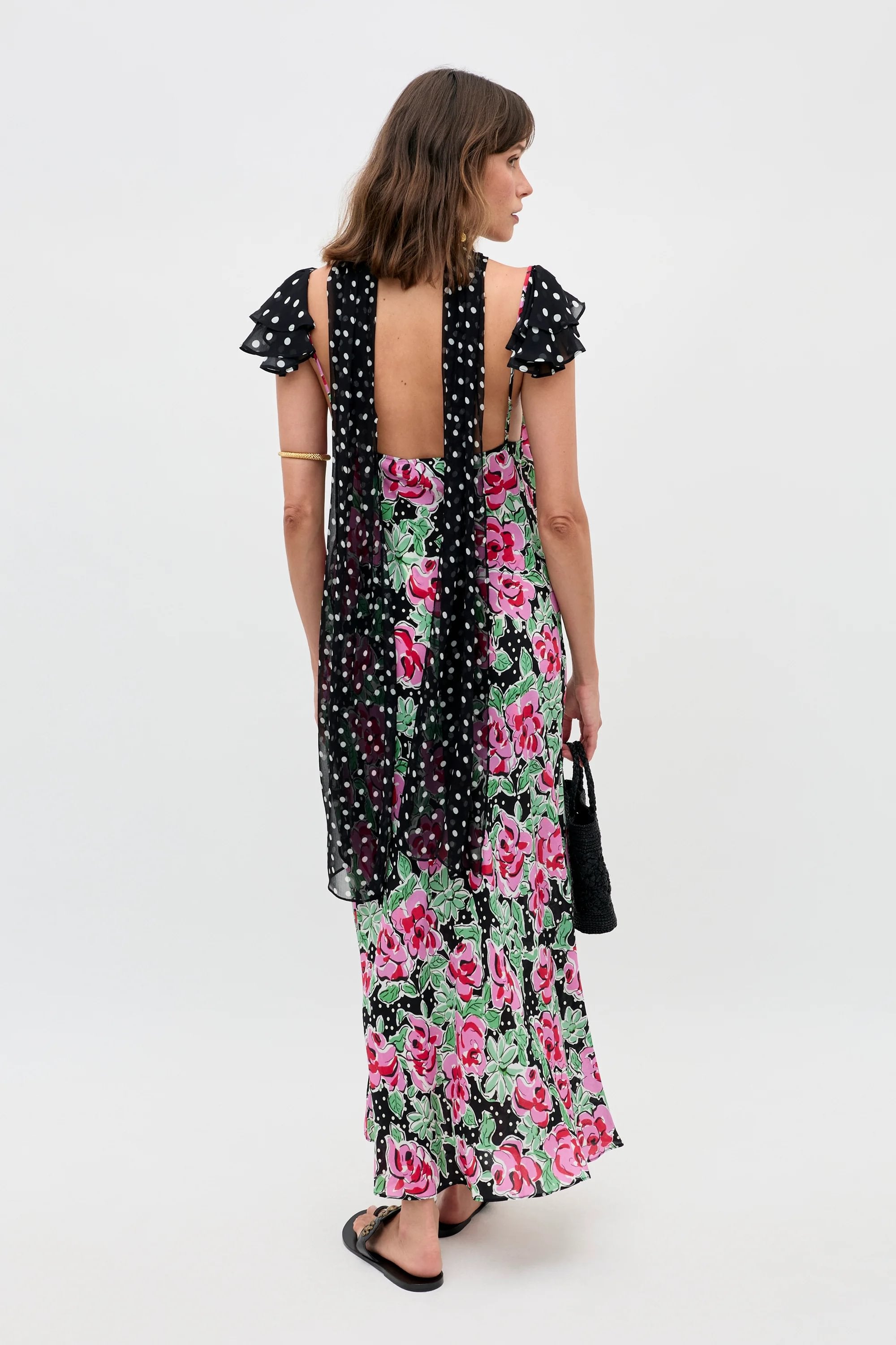 Pui CRINKLE ROSE DRESS ブラック Adele Silk Midi Dress in Rose Dot Mix Black | RIXO USA ⋆