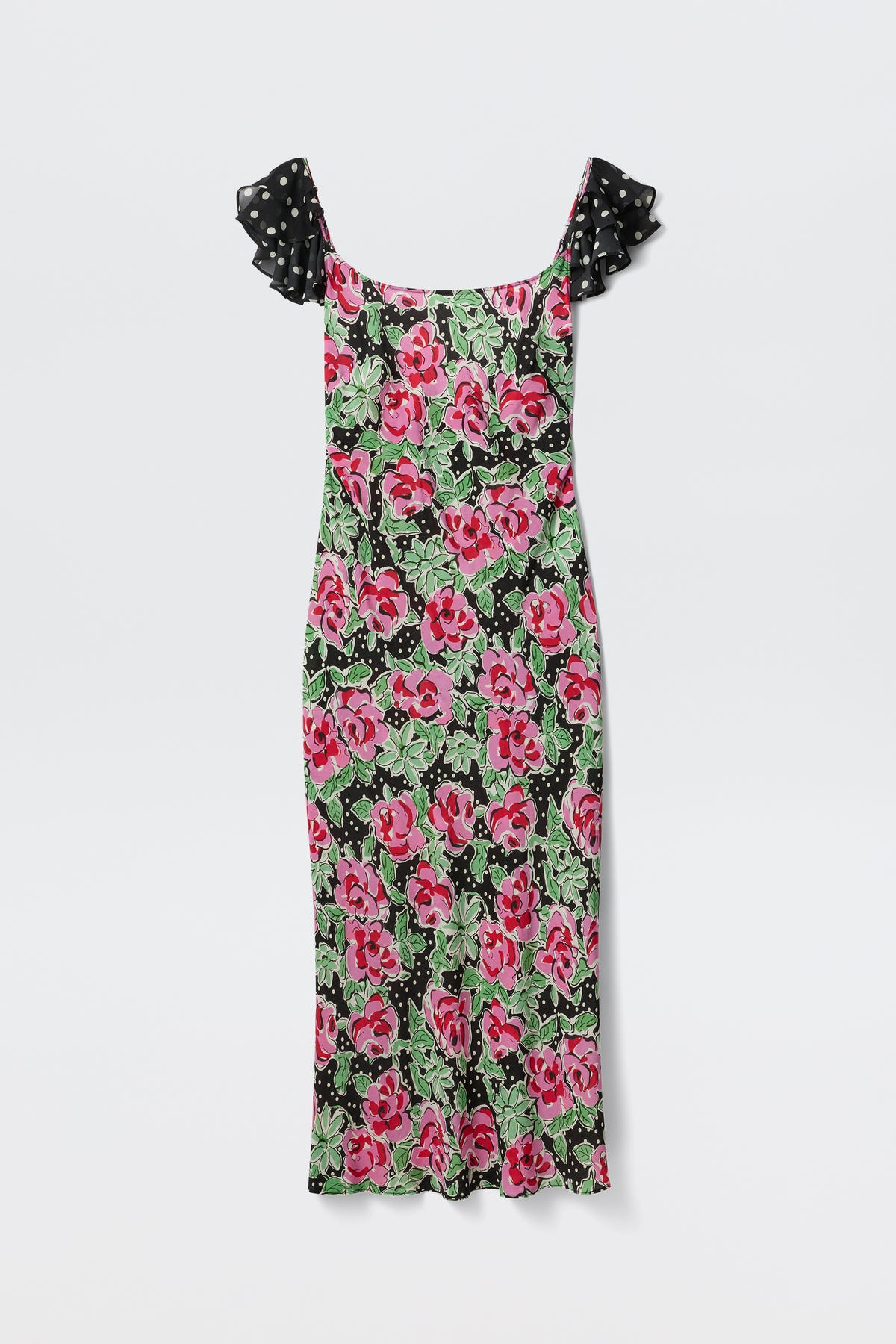 The Adele - Rose Dot Mix Black is a sleeveless midi dress with ruffled black straps adorned with white polka dots and a vibrant floral pattern of large pink and red flowers with green leaves on a black background.