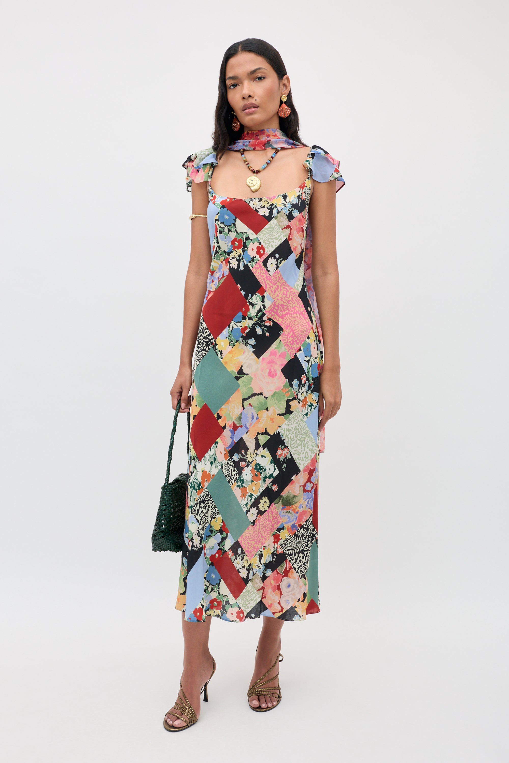 Adele Silk Midi Dress in Olivia Patchwork Multi | RIXO Europe ⋆