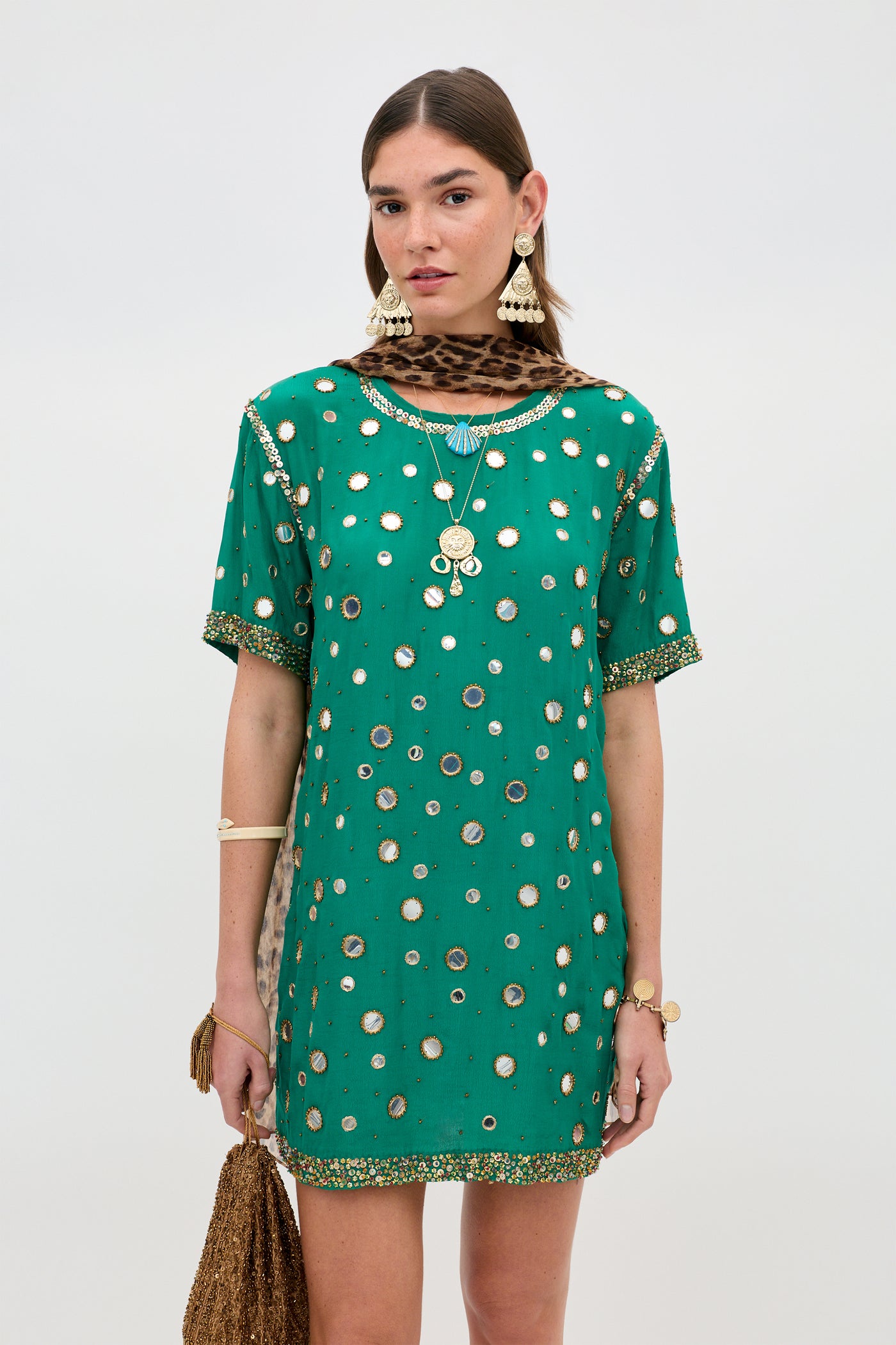 Cruz Embellished Mini Dress in Lume Embellishment Dark Green
