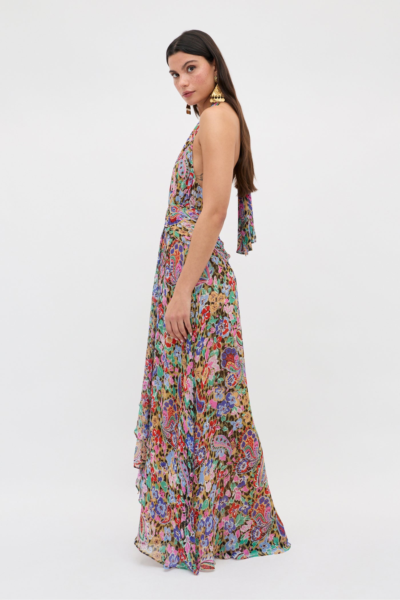 Alaina Chiffon Maxi Dress in Multi Cara Floral Leopard Brown