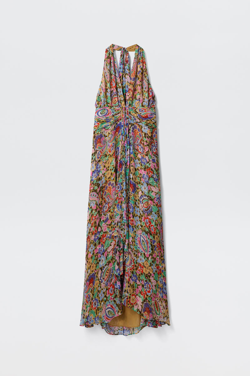 The Alaina - Cara Floral Leopard Brown is a sleeveless, floor-length dress with a halter neckline and a bold floral and leopard print on lightweight fabric, displayed against a plain white background.