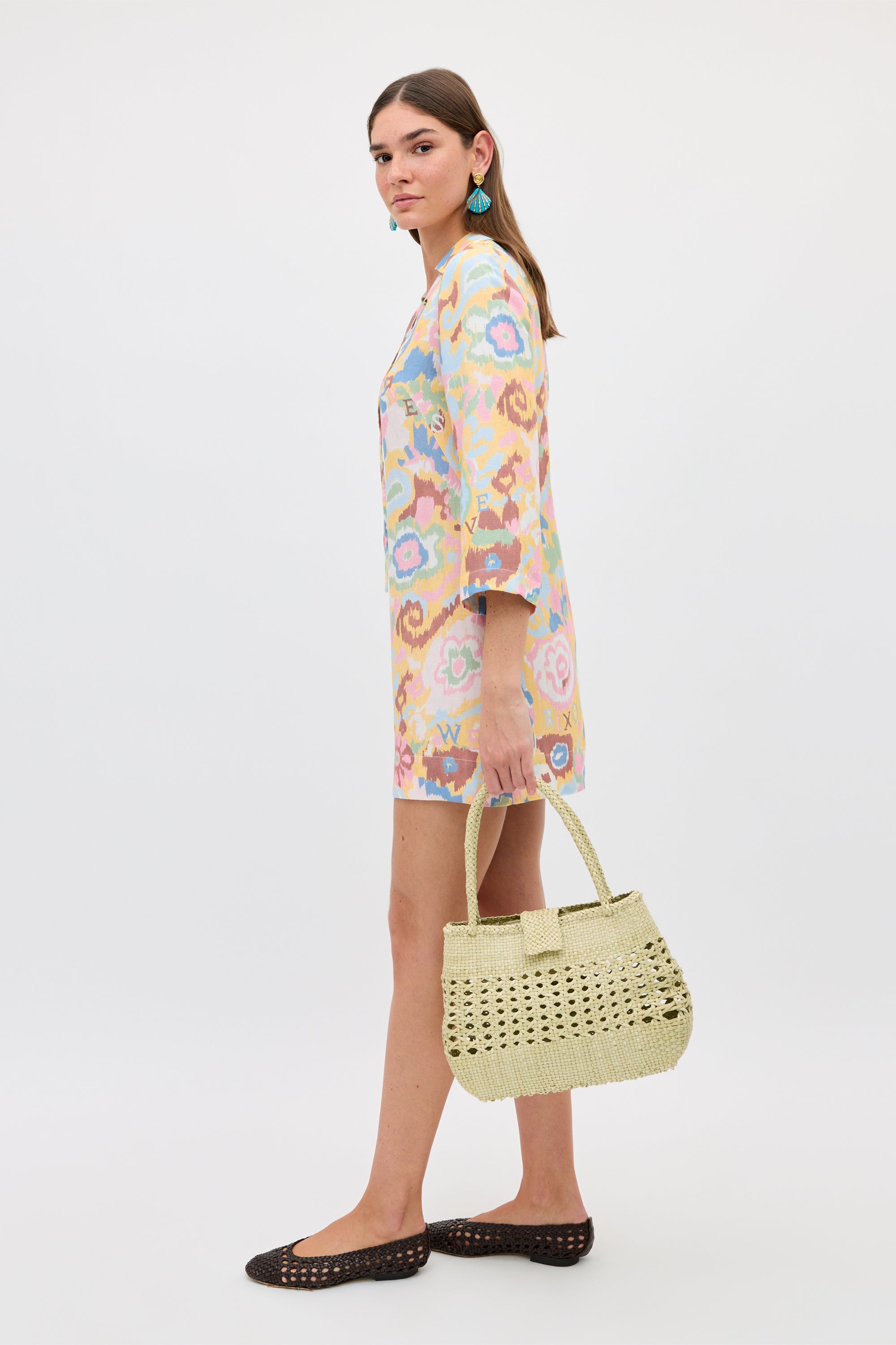 Lucien Linen-Blend Mini Dress in Ikat Bloom Yellow | RIXO Europe ⋆
