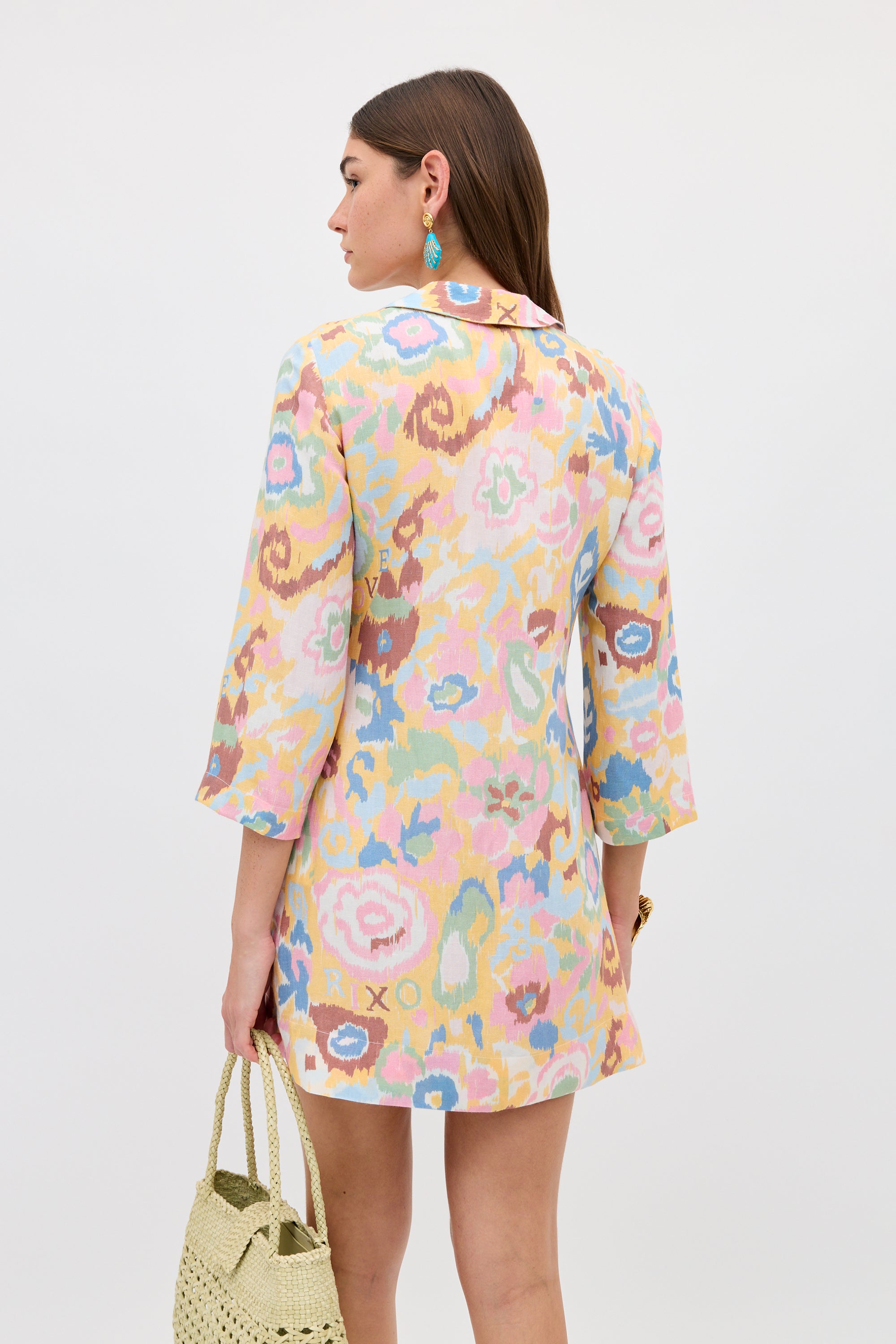 Lucien Linen-Blend Mini Dress in Ikat Bloom Yellow | RIXO Europe ⋆