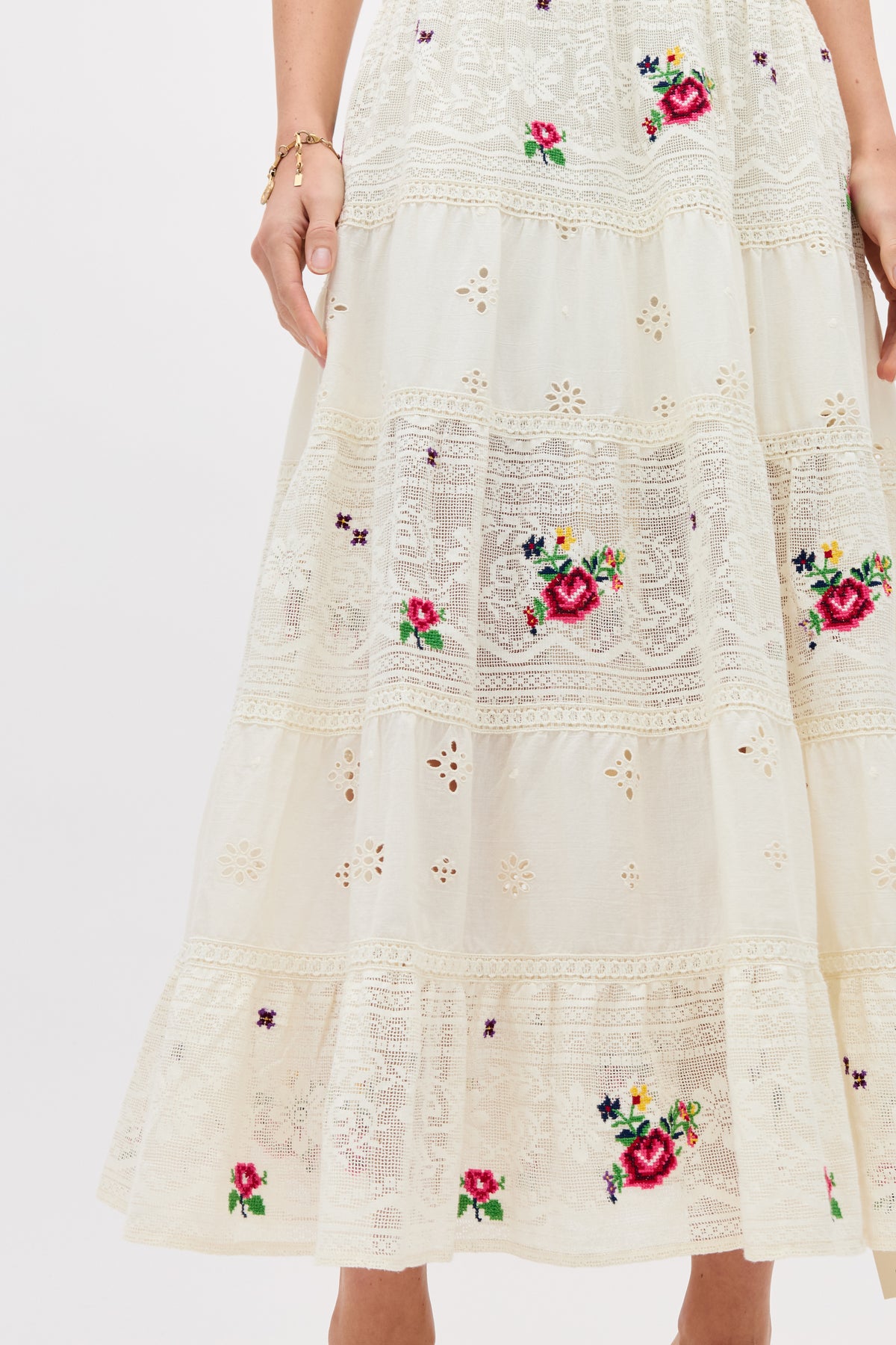 Cady Embroidered Cotton Midi Dress in Spring Rose Embroidery Cream