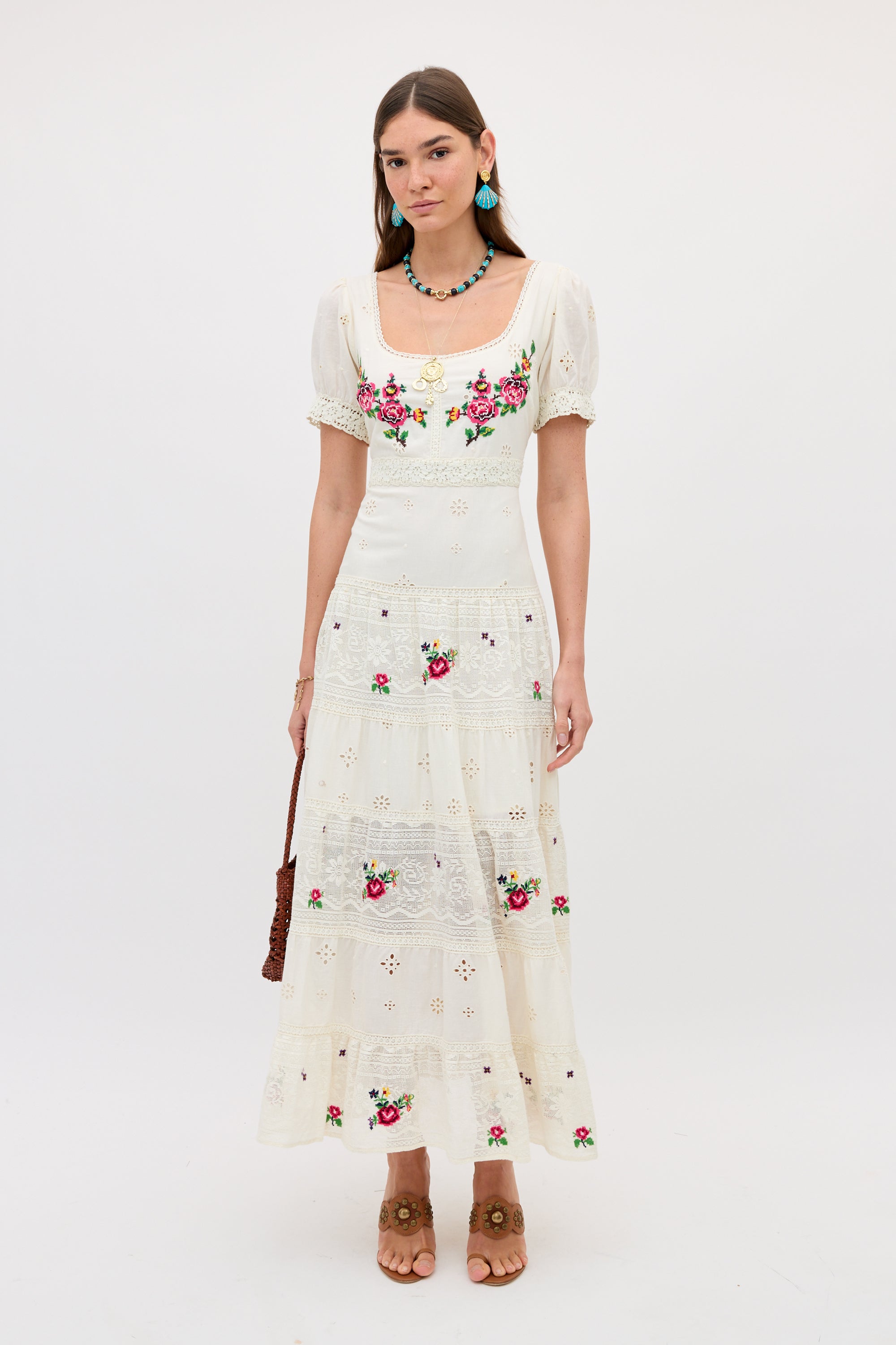 美品　Apolind Irra Dress Milk Broderie 7-9y Cady Embroidered Cotton Midi Dress in Spring Rose Embroidery Cream