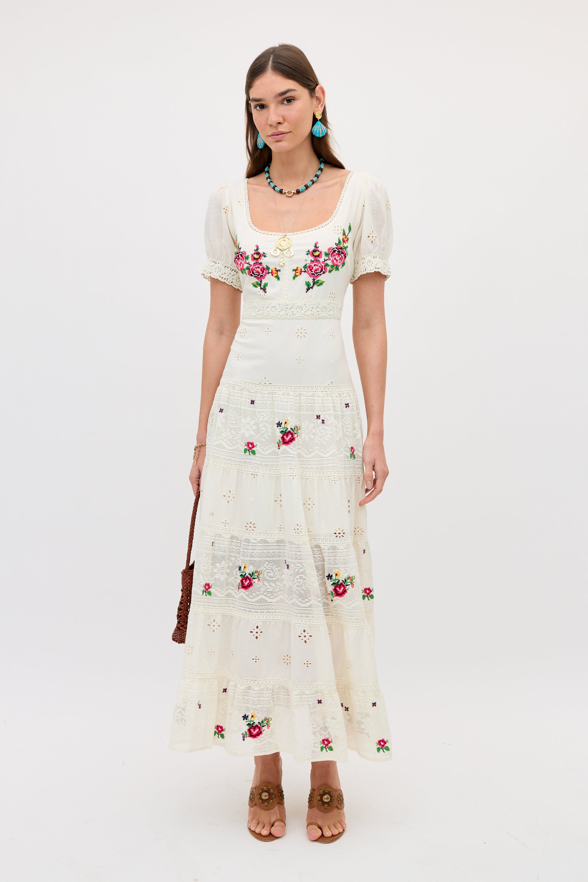 rose embroidered dress Cady Embroidered Cotton Midi Dress in Spring Rose Embroidery Cream