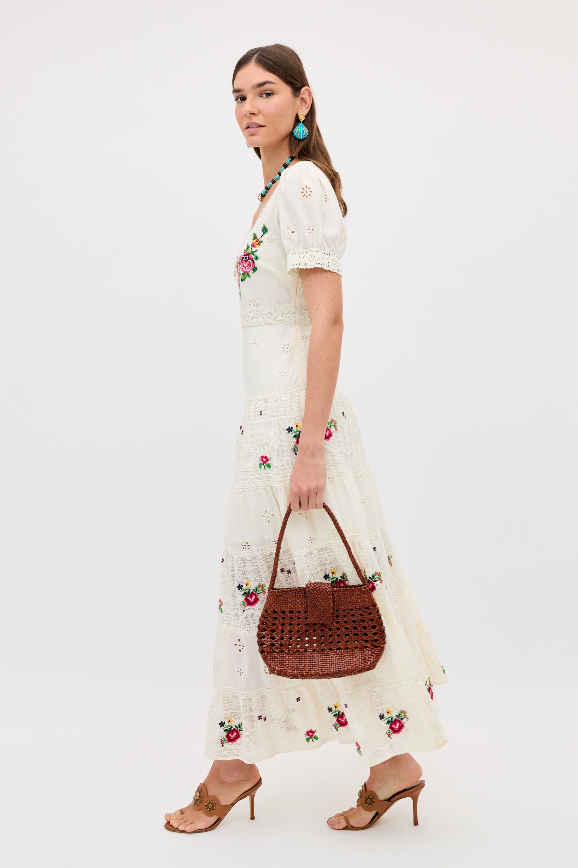 Cady Embroidered Cotton Midi Dress in Spring Rose Embroidery Cream