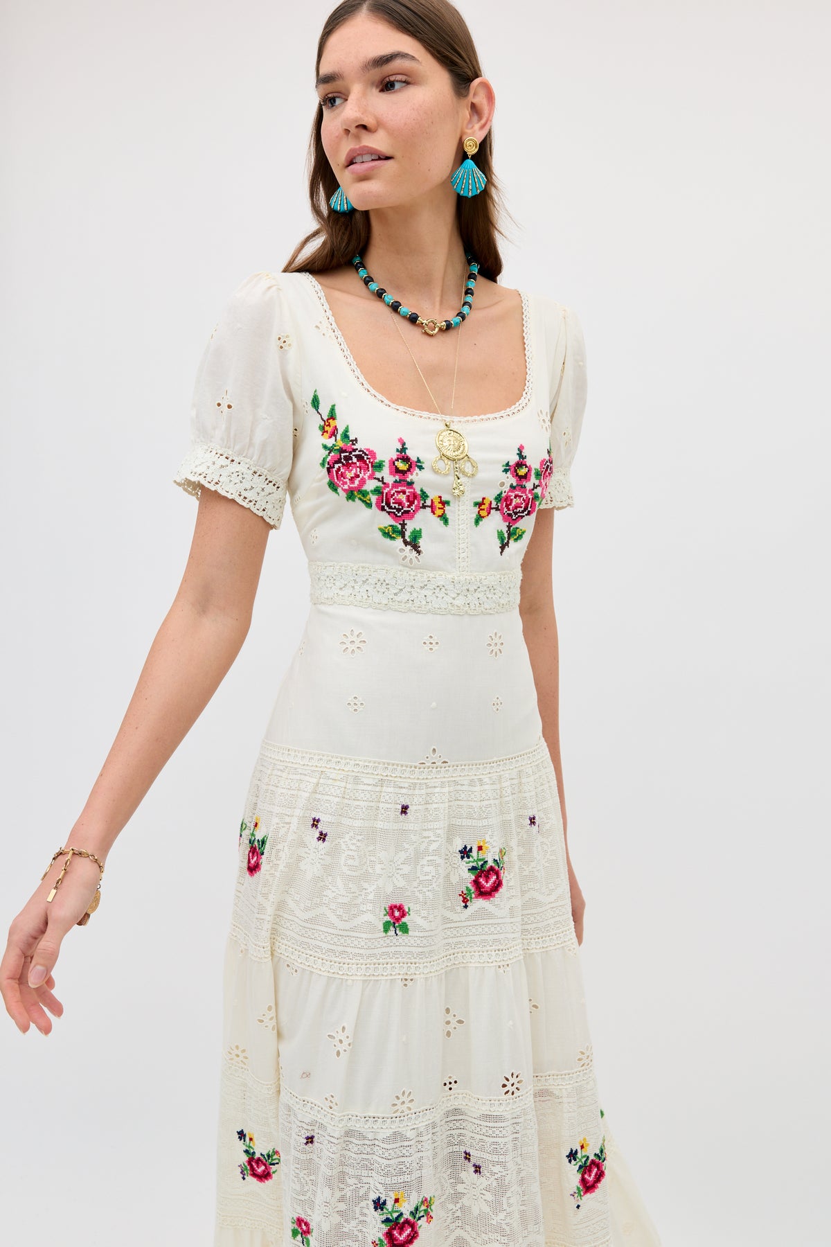 Cady Embroidered Cotton Midi Dress in Spring Rose Embroidery Cream | RIXO Cady Embroidered Cotton Midi Dress in Spring Rose Embroidery Cream | RIXO