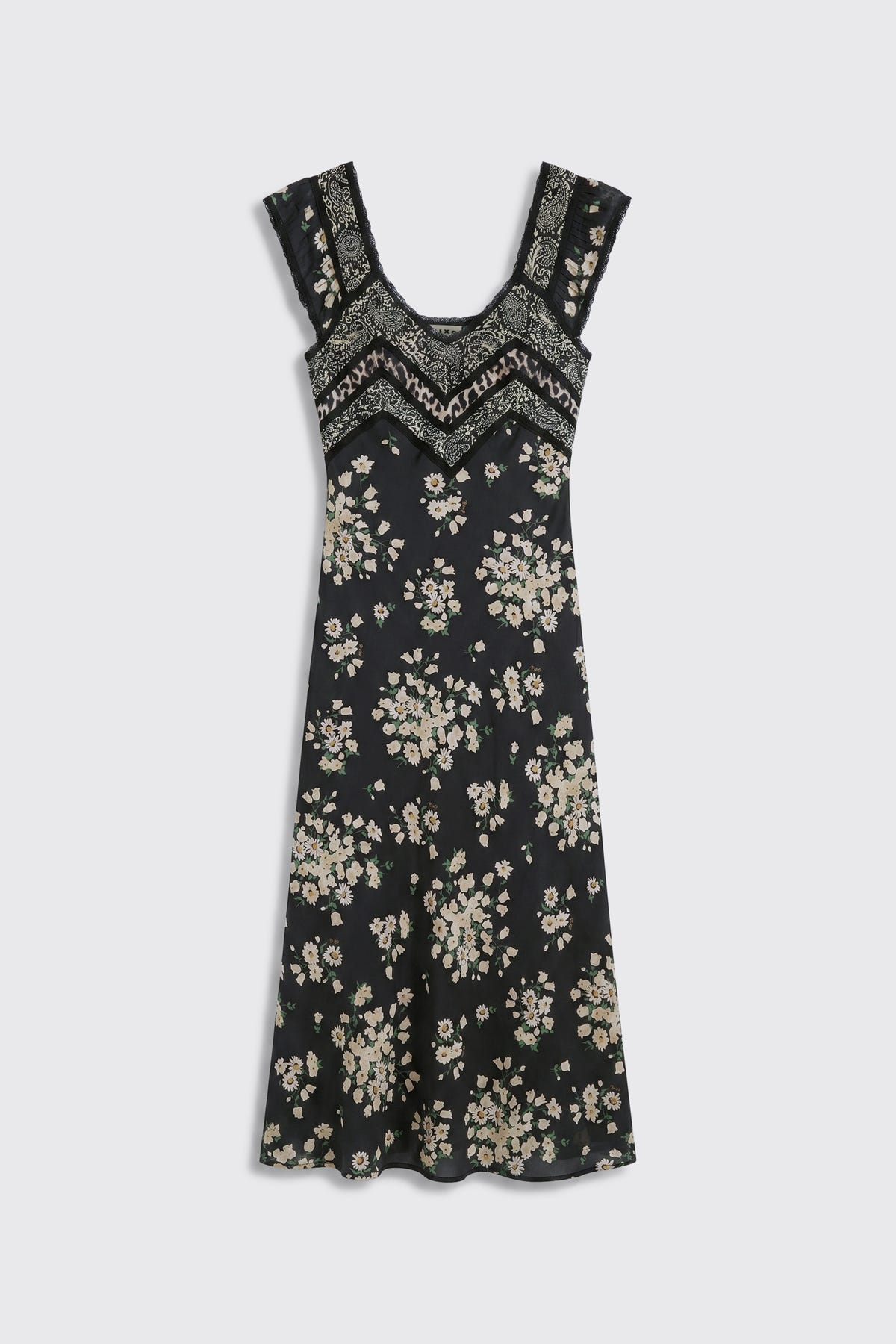 Bailee - Amelia Gremlin Mix Black is a sleeveless black dress with a V-shaped neckline, adorned with white embroidery and floral patterns throughout. It features a fitted bodice and a slightly flared hem.
