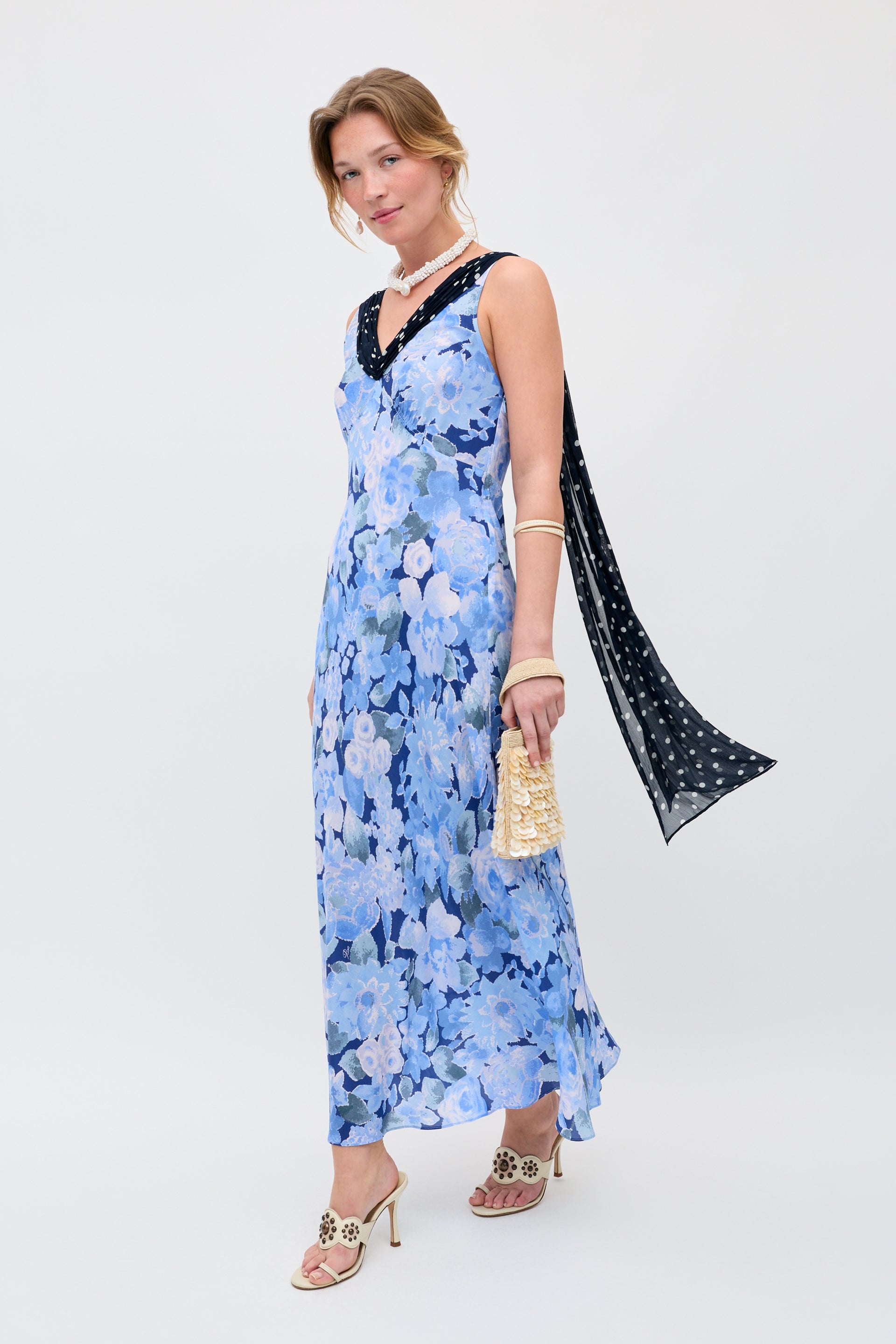 Roux Silk Midi Dress in Chelsea Dot Mix Blue