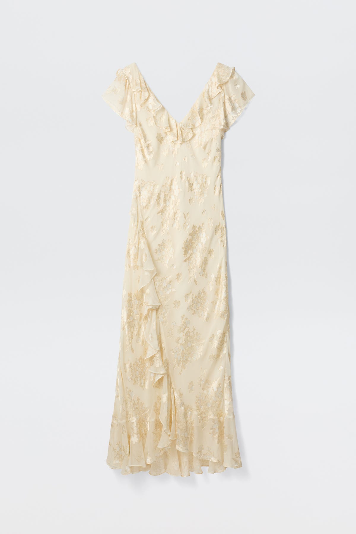 The Meadow - Bouquet Devoré Cream is a bohemian, cream midi dress with short sleeves, a V-neck, delicate floral patterns, and ruffle details on the skirt and hem, shown against a plain white background.