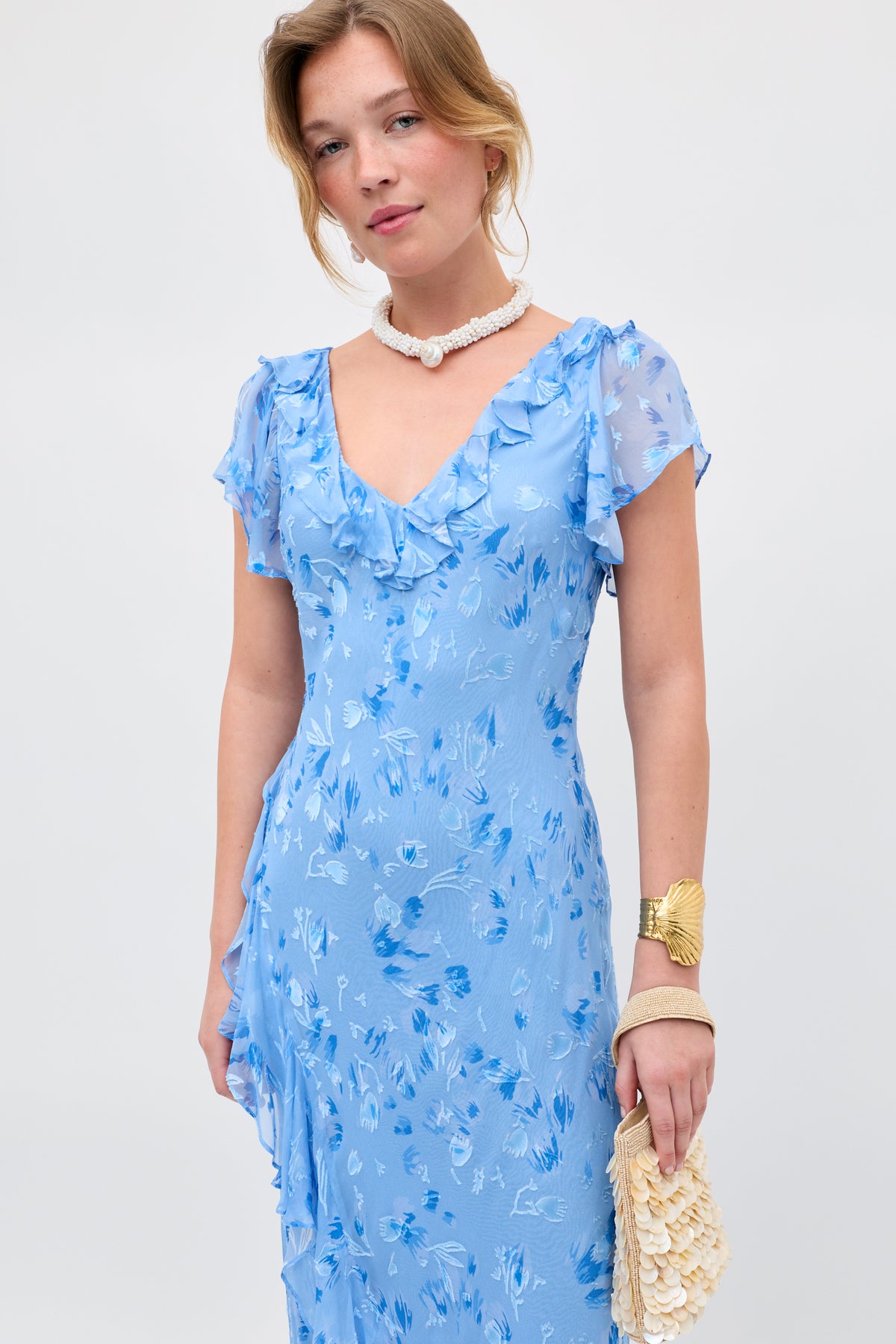 Meadow Silk-Satin Devor Midi Dress in Ava Devore Blue | RIXO USA Meadow Silk-Satin Devor Midi Dress in Ava Devore Blue | RIXO USA