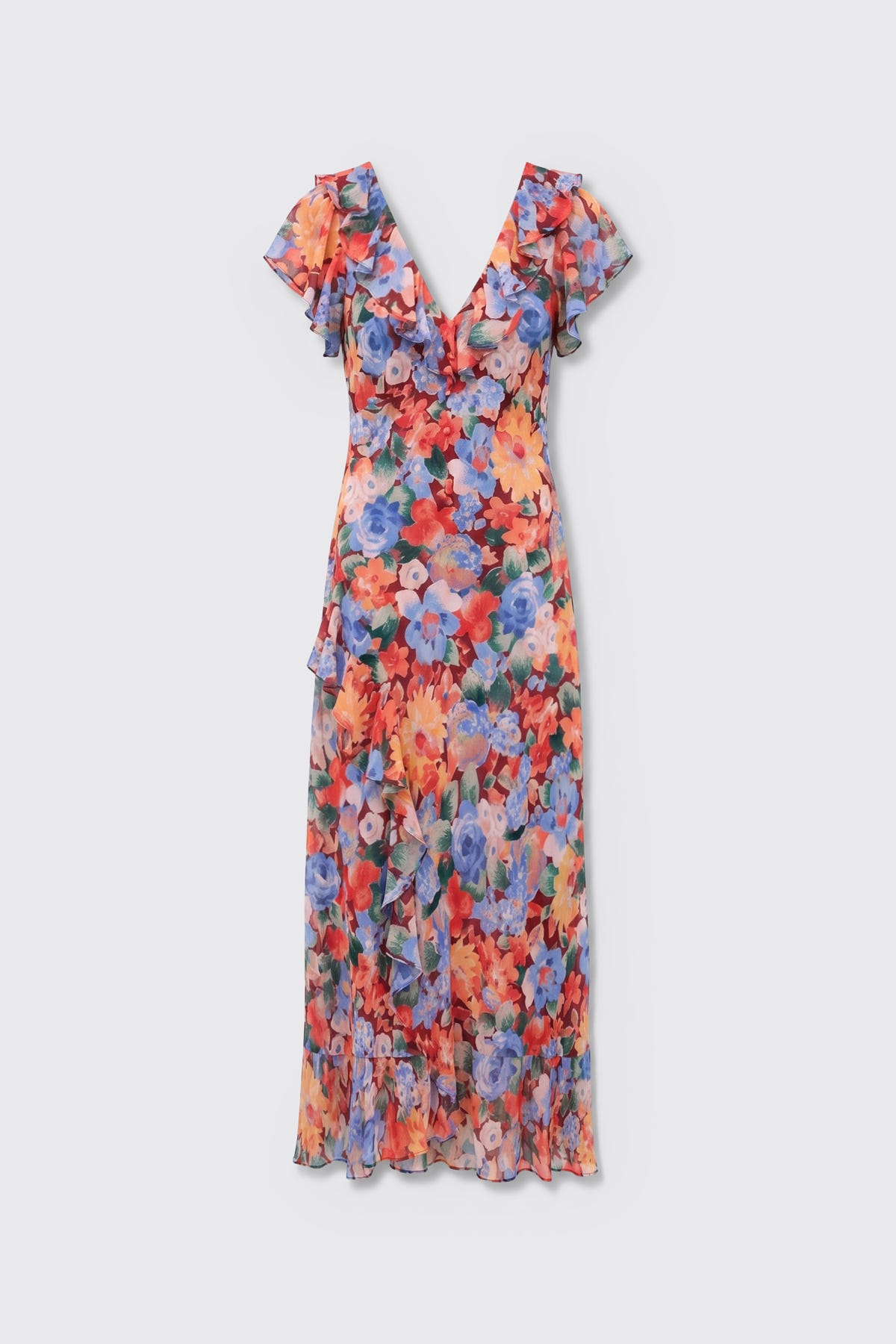 Meadow - Chelsea Floral Red features a V-neckline, short flutter sleeves, a fitted waist, and a ruffled hem, adorned with vibrant red, orange, blue, and purple floral prints on a light background.