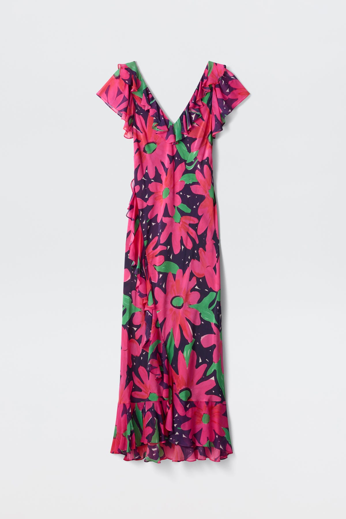 The Meadow - Danish Floral Pink maxi dress features short flutter sleeves, a V-neckline, and a vibrant pink, red, and green floral print on a dark purple background.