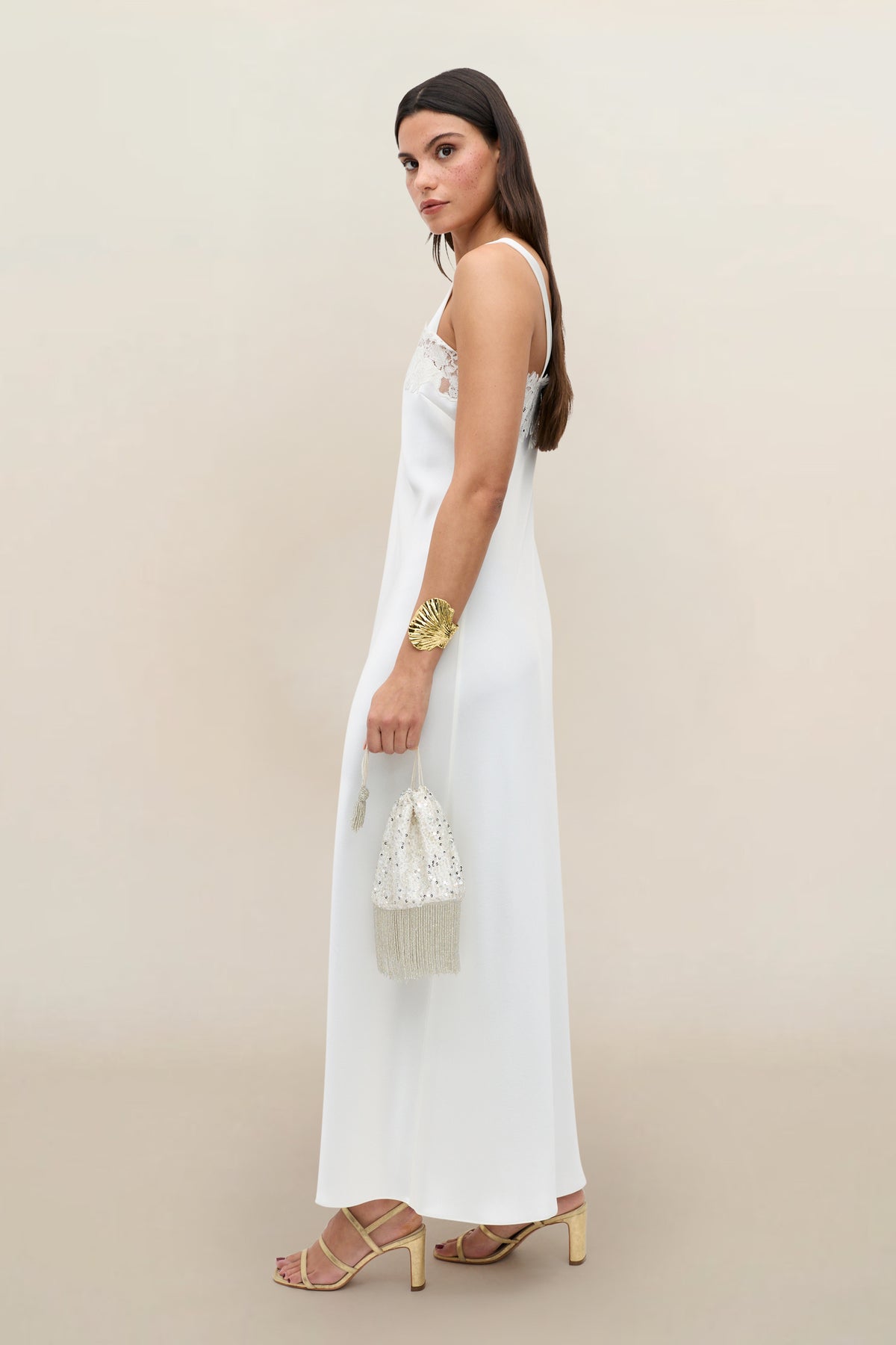 white satin strappy dress Satin Strappy Maxi Dress with Floral Streamers