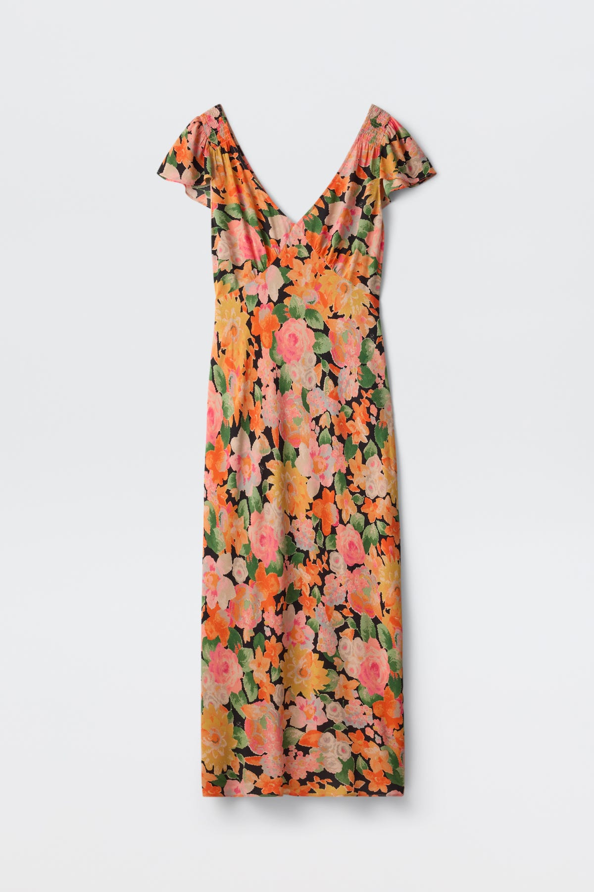 Cathy - Chelsea Floral Black is a maxi dress with a deep V-neck and short flutter sleeves, adorned with a lively pattern of pink, orange, and yellow flowers with green leaves set against a black background. The dress is shown against a plain white backdrop.