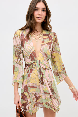 Clove Lurex Chiffon Mini Dress in Bianca Abstract Green