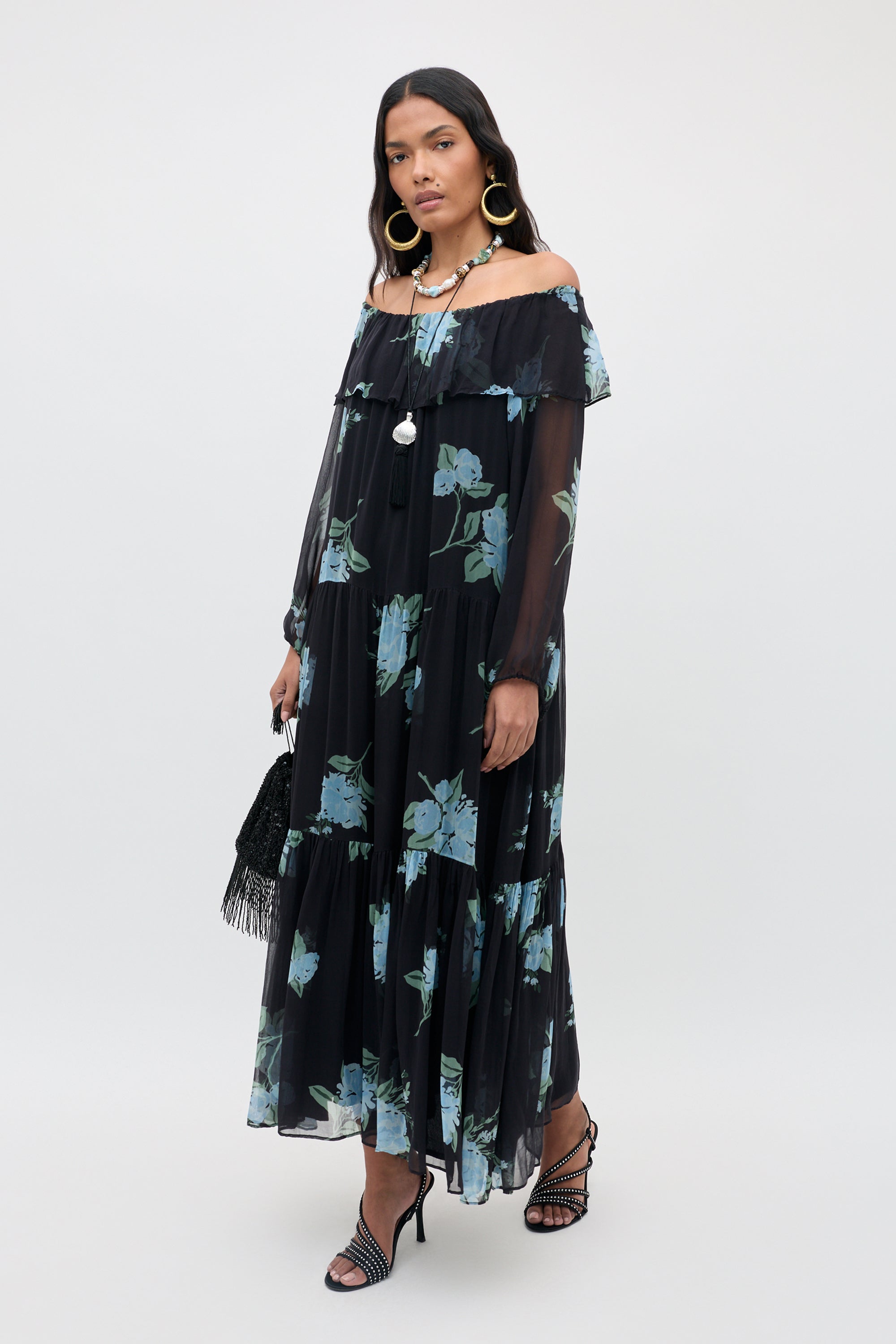ワンピース Shadow Floral Dress Lela Georgette Midi Dress in Black Peonies Scatter Charcoal | RIXO