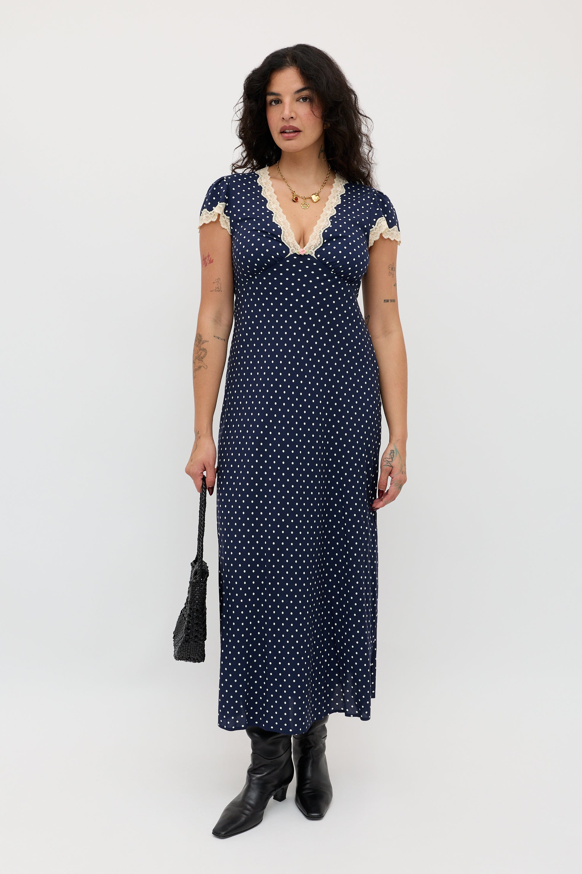 Clarice Midi Dress in Polka Dot Navy
