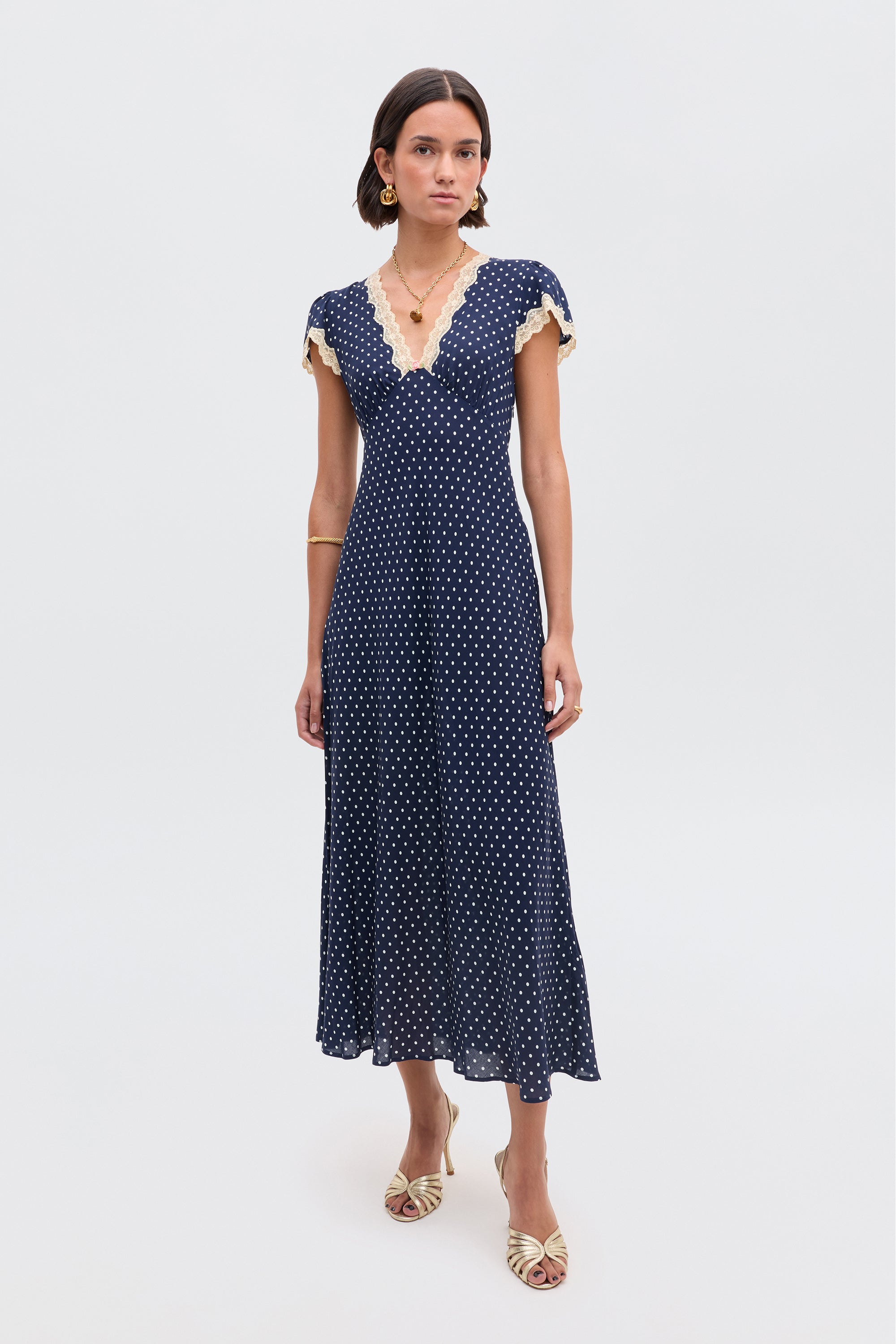 Clarice Midi Dress in Polka Dot Navy