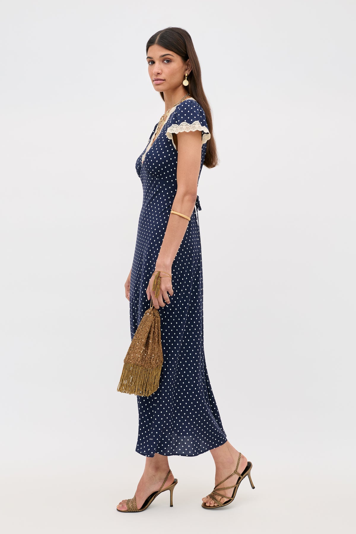 Clarice Midi Dress in Polka Dot Navy | RIXO USA Clarice Midi Dress in Polka Dot Navy | RIXO USA