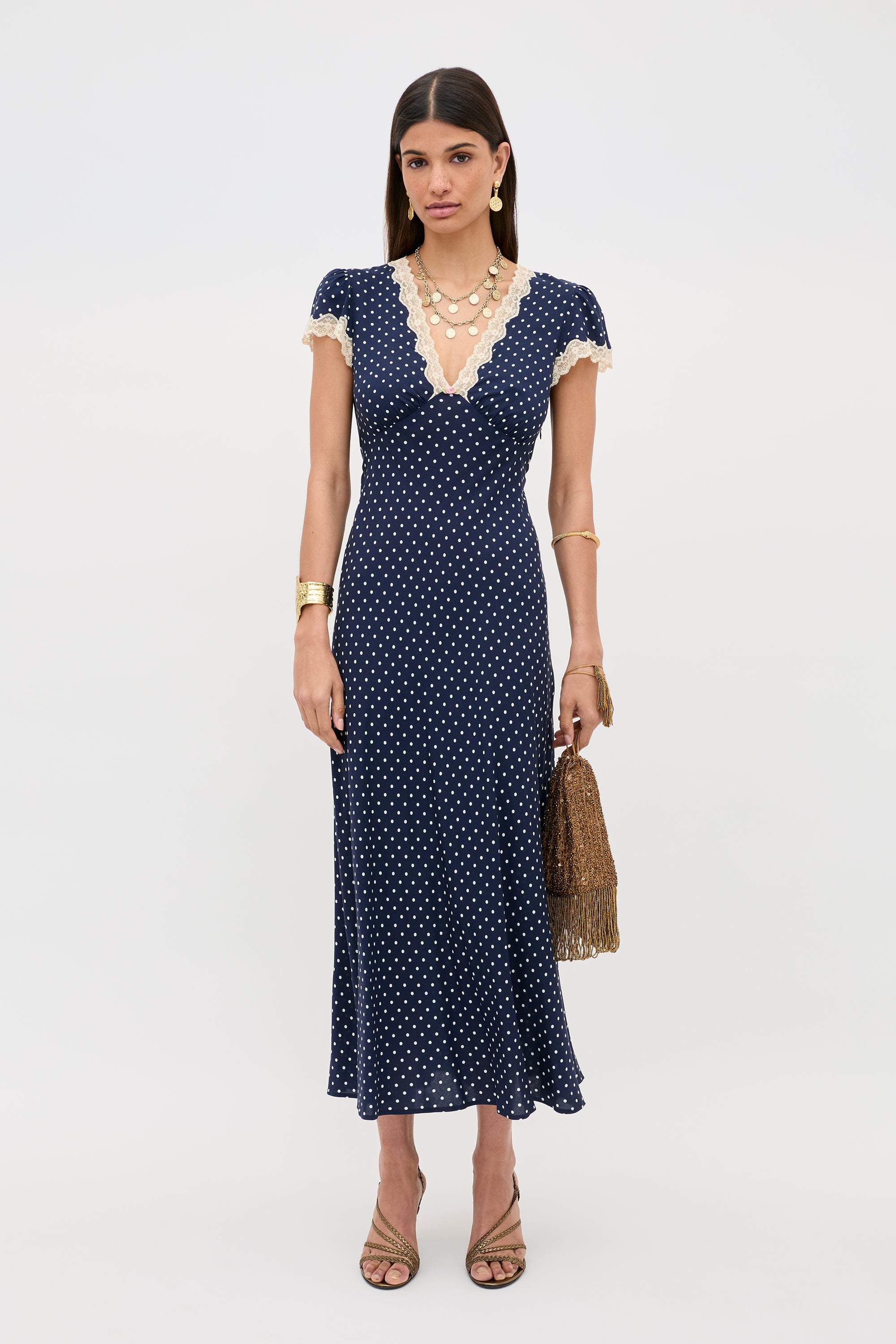 Clarice Midi Dress in Polka Dot Navy | RIXO USA ⋆