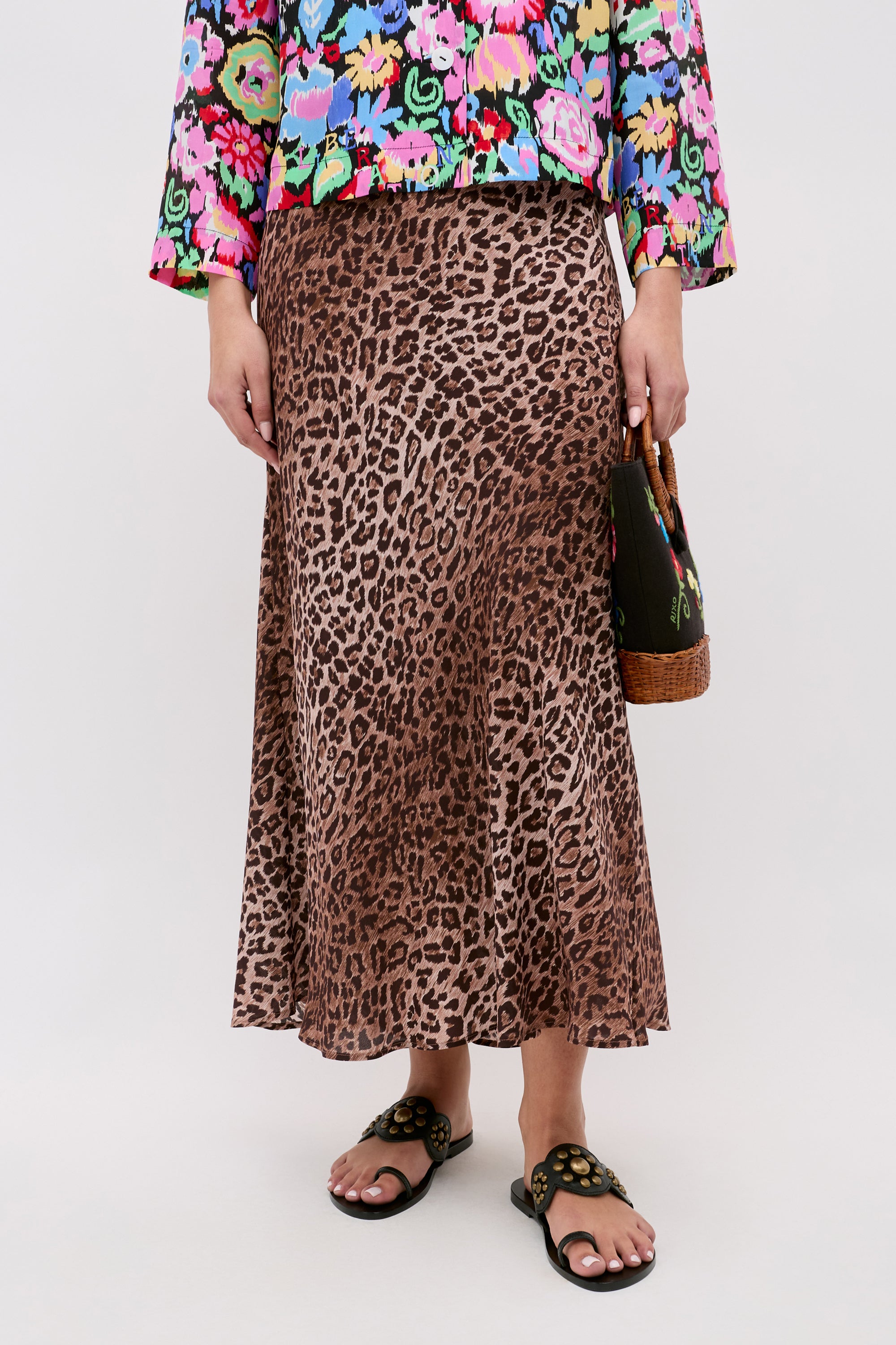 Kelly Silk Midi Skirt in Leopard Brown | RIXO USA ⋆
