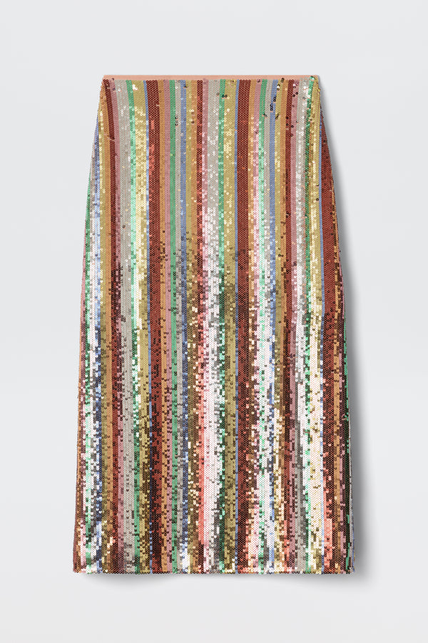 The Kelly Dixie Stripe Embellishment Multi is a knee-length pencil skirt featuring vertical sequined stripes in gold, green, pink, purple, orange, and blue on a plain white background.