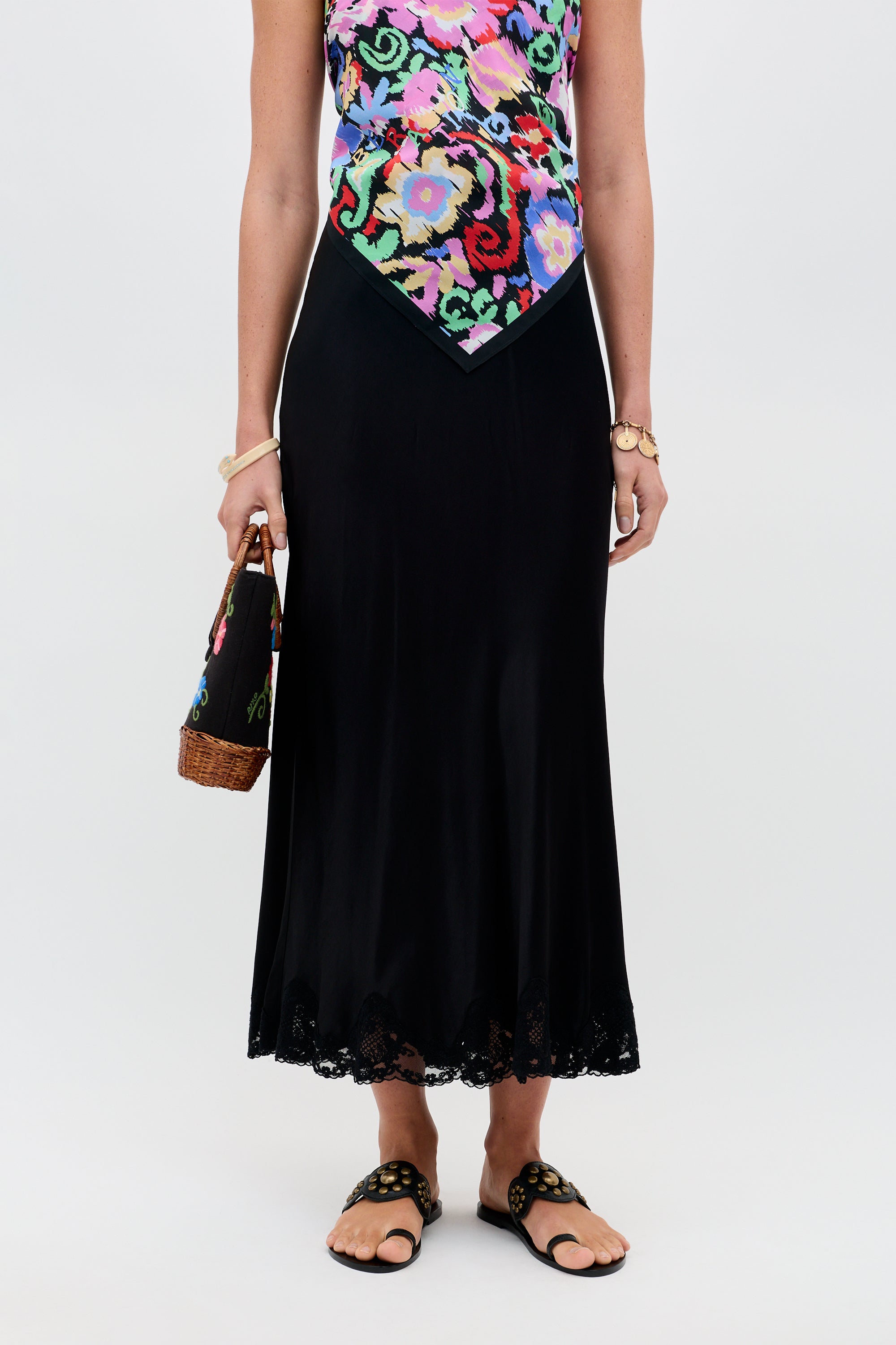 Crystal Satin Midi Skirt in Black | RIXO ⋆