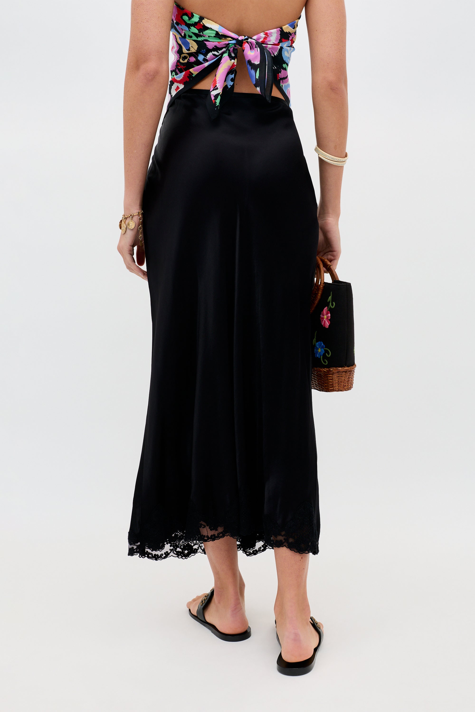 Crystal Satin Midi Skirt in Black | RIXO USA ⋆