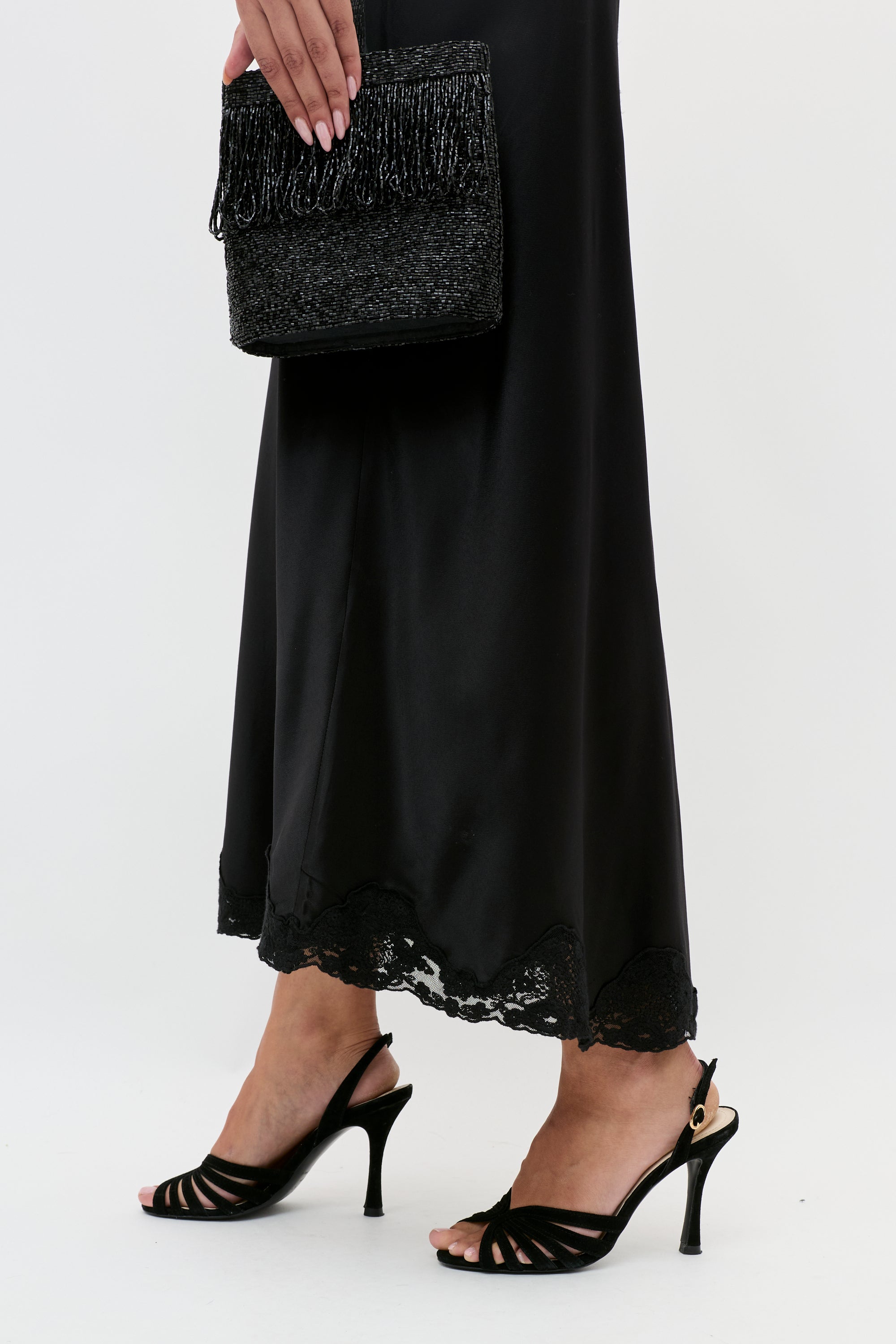 Crystal Satin Midi Skirt in Black | RIXO ⋆