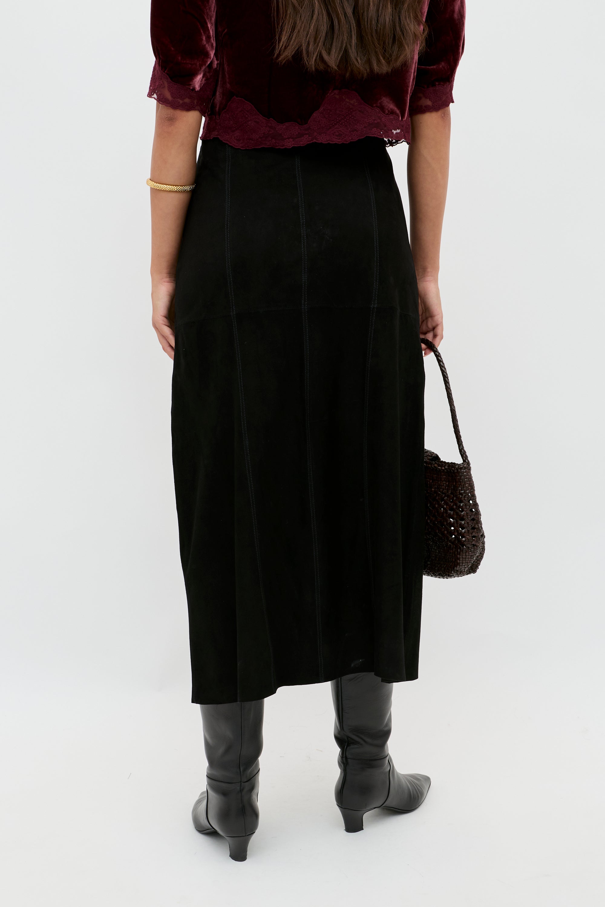 Edwina Suede Midi Skirt in Black | RIXO USA ⋆