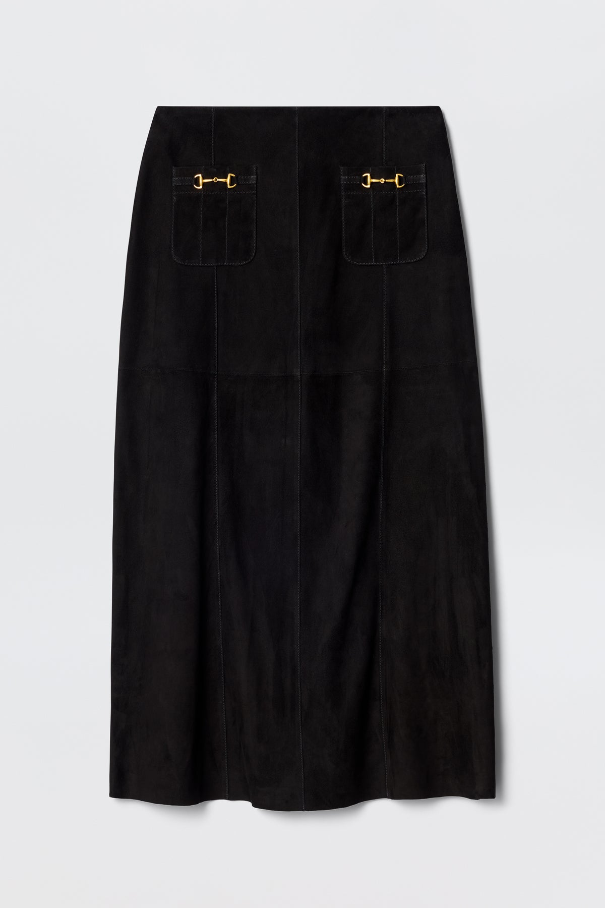 The Edwina - Black is a vintage-inspired black suede skirt featuring two front patch pockets with decorative gold buckles, a straight silhouette, and subtle vertical seam lines for timeless appeal.