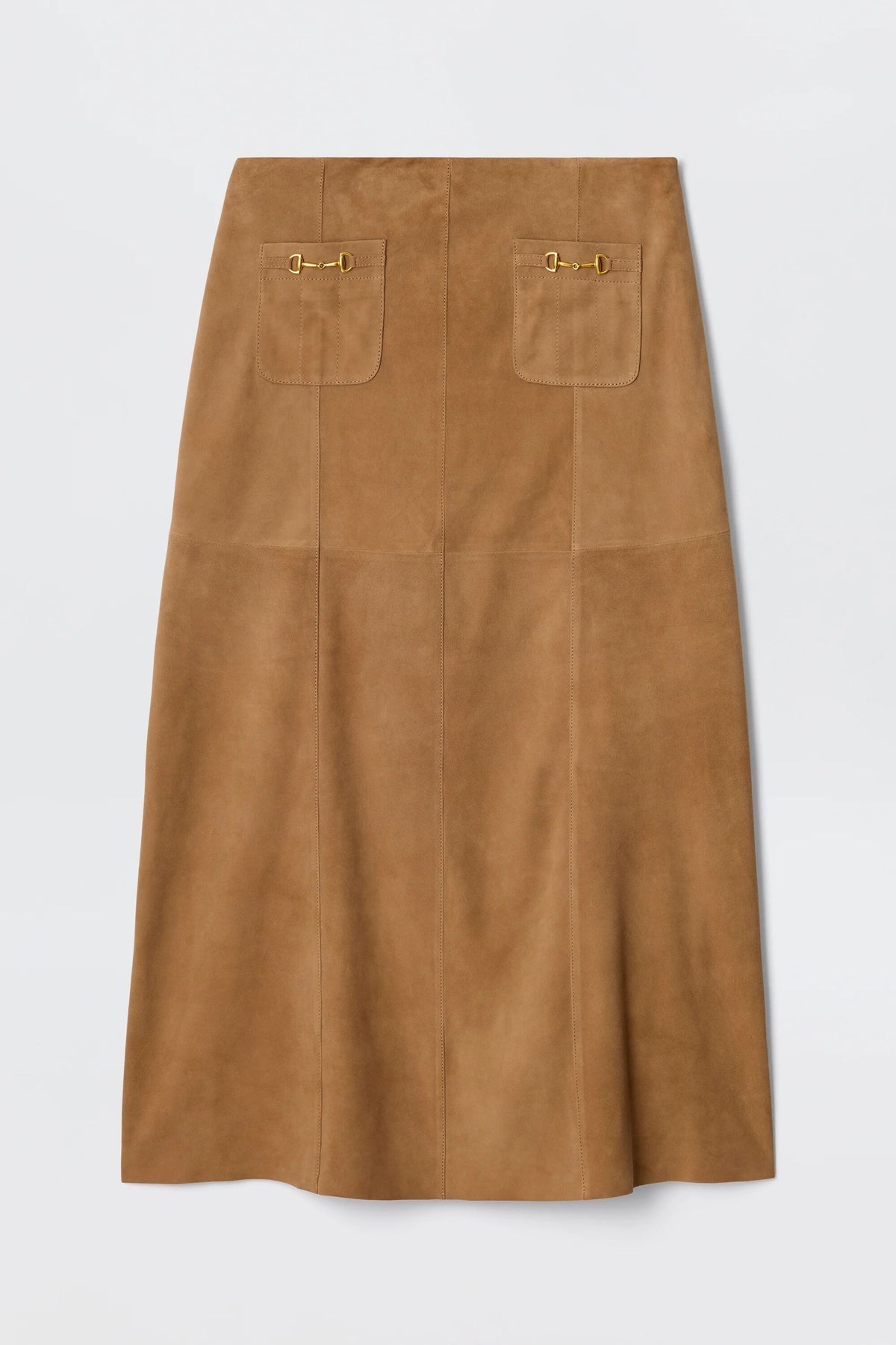 The Edwina - Camel is a vintage-inspired tan suede skirt with a high-waisted A-line fit, two front patch pockets, and gold-tone bar details, shown against a plain white background.