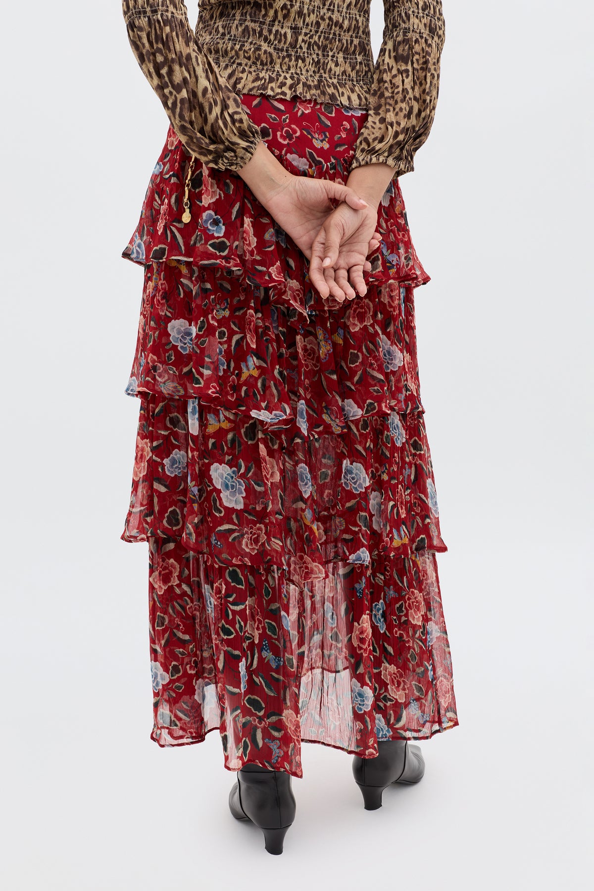 Taryn Midi Skirt in Red Butterfly Floral Burgundy | RIXO USA Taryn Midi Skirt in Red Butterfly Floral Burgundy | RIXO USA