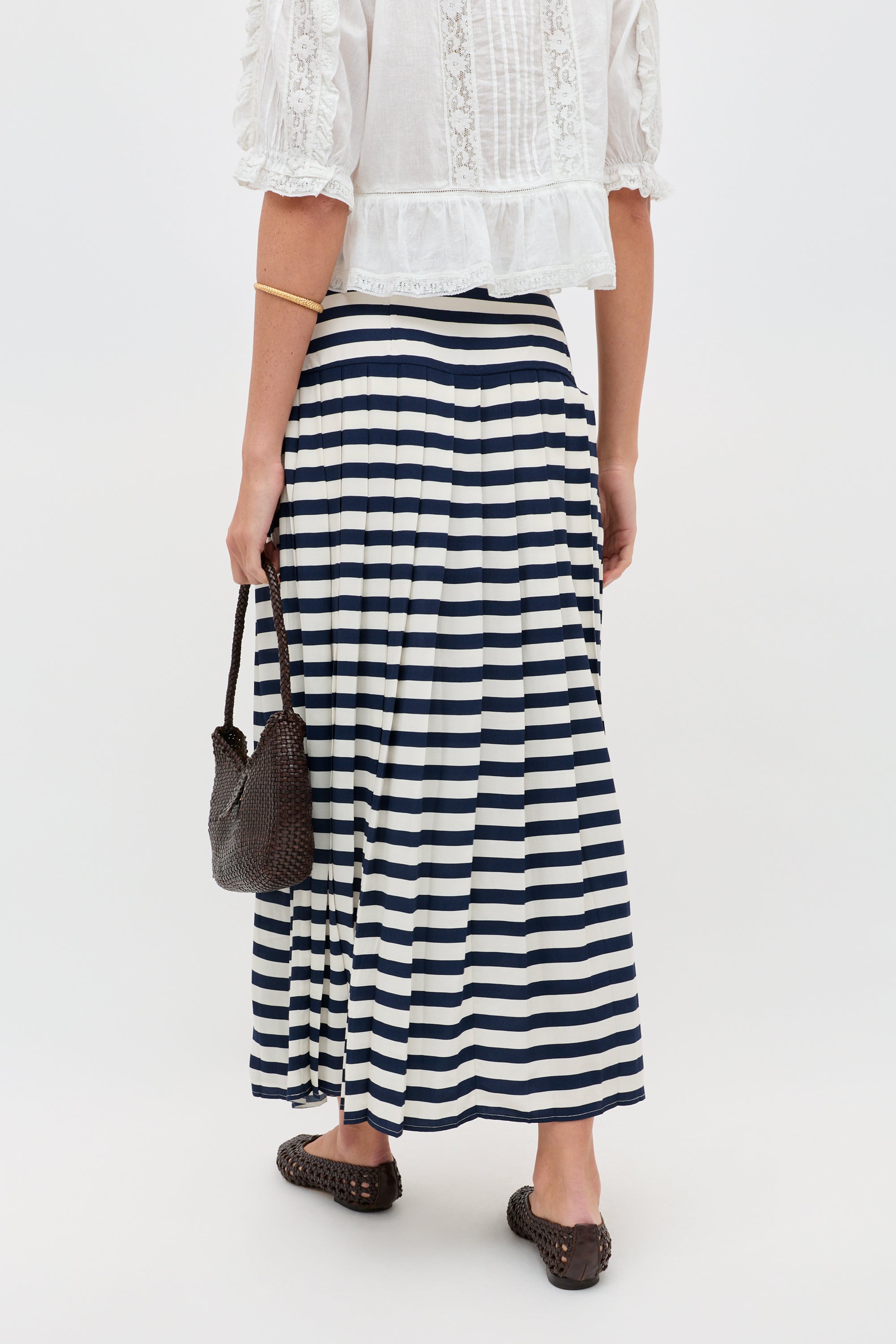 Una Crepe Midi Skirt in Lea Stripe Navy | RIXO USA ⋆