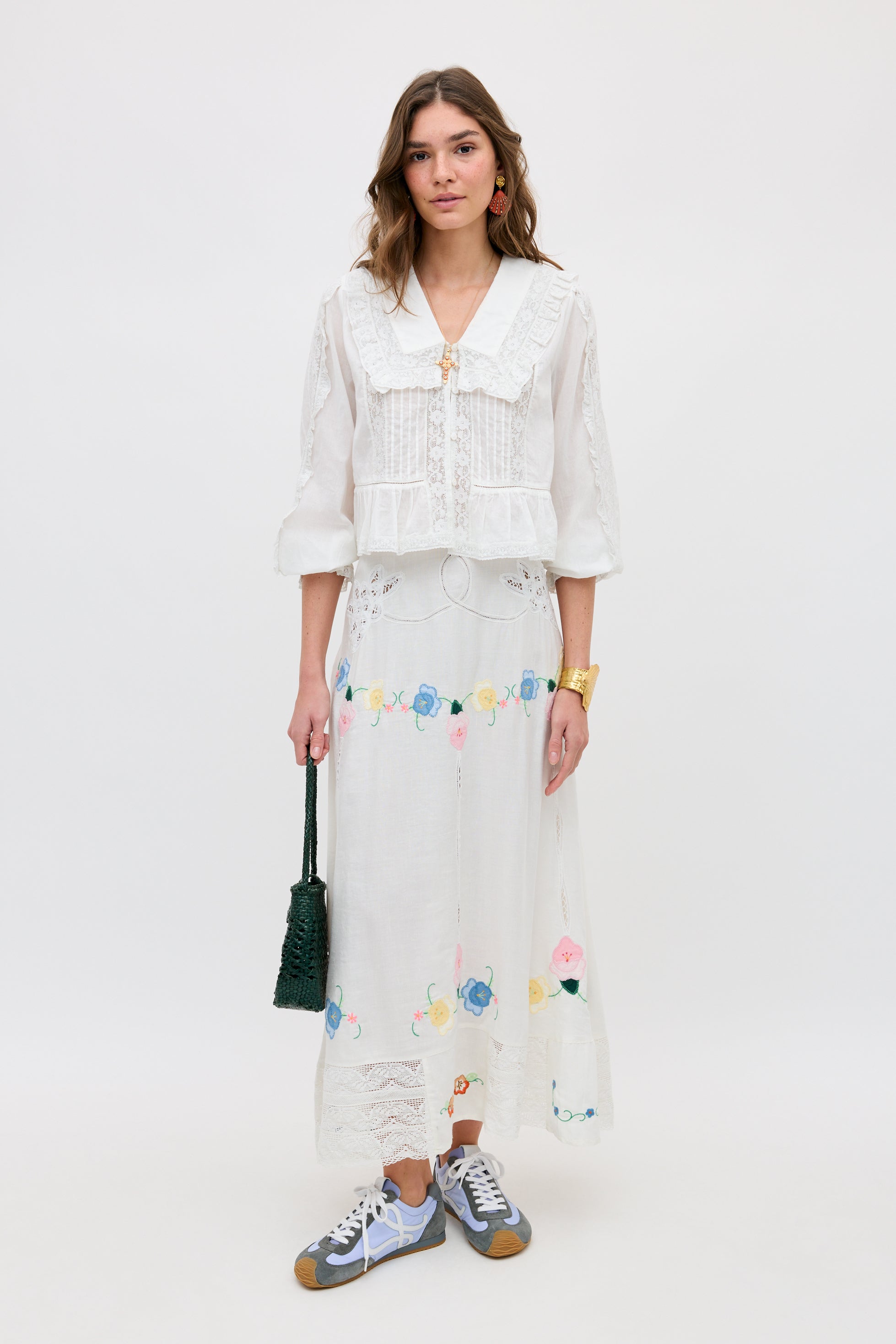 Paulina Embroidered Midi Skirt in White Silje Embroidery Ivory