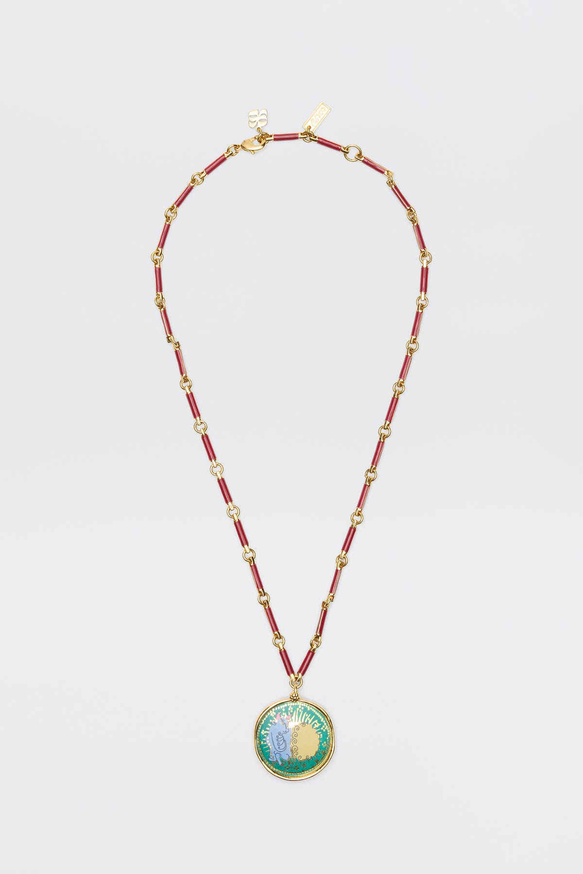 Ari - Astro Taurus: Gold chain necklace with red enamel links and a round pendant featuring a vibrant floral design, shown on a white background—a stylish zodiac accessory for any occasion.