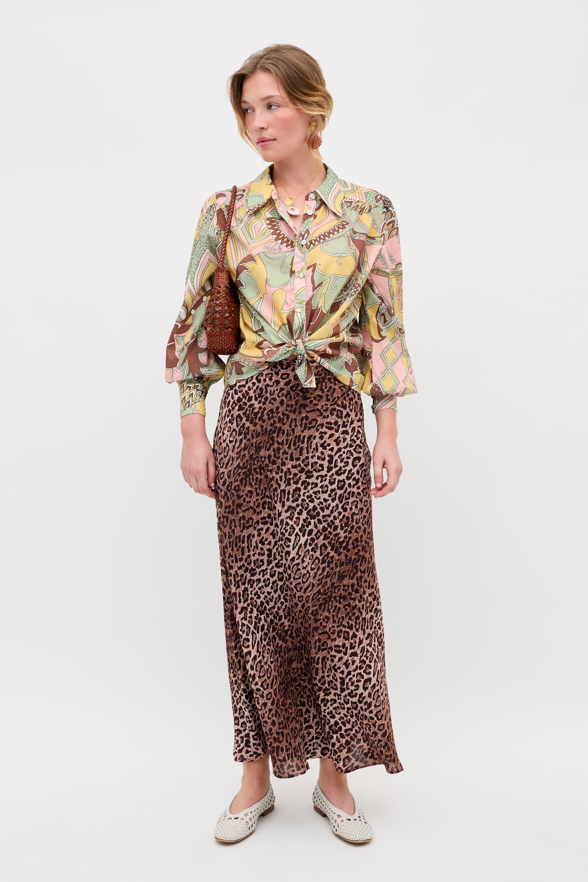Kelly Silk Midi Skirt in Leopard Brown | RIXO USA ⋆