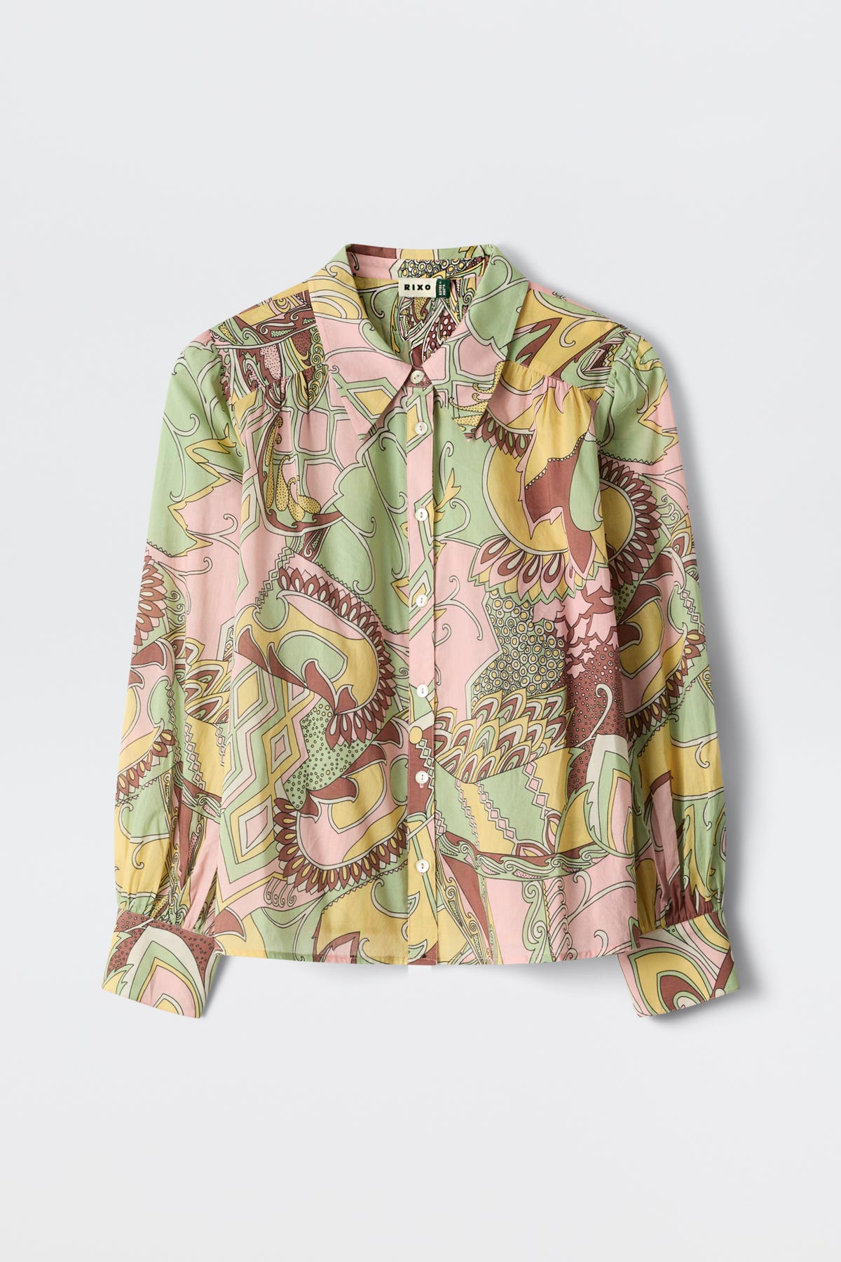 The Blake - Bianca Abstract Green is a long-sleeve button-up shirt featuring a colorful, abstract pattern in pastel green, pink, and yellow shades, shown laid flat on a white background.