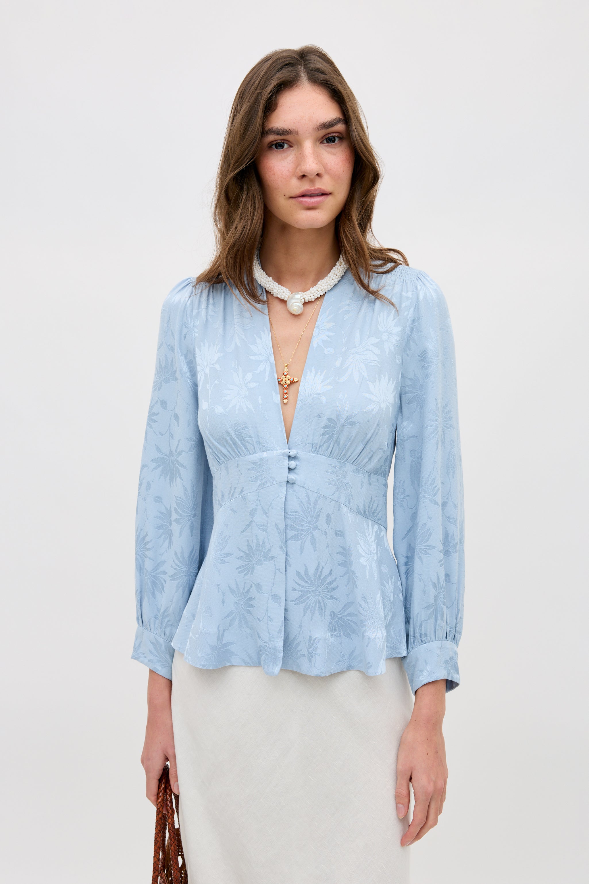 Lea Jacquard Top in Daisy Jacquard Bluebell | RIXO ⋆