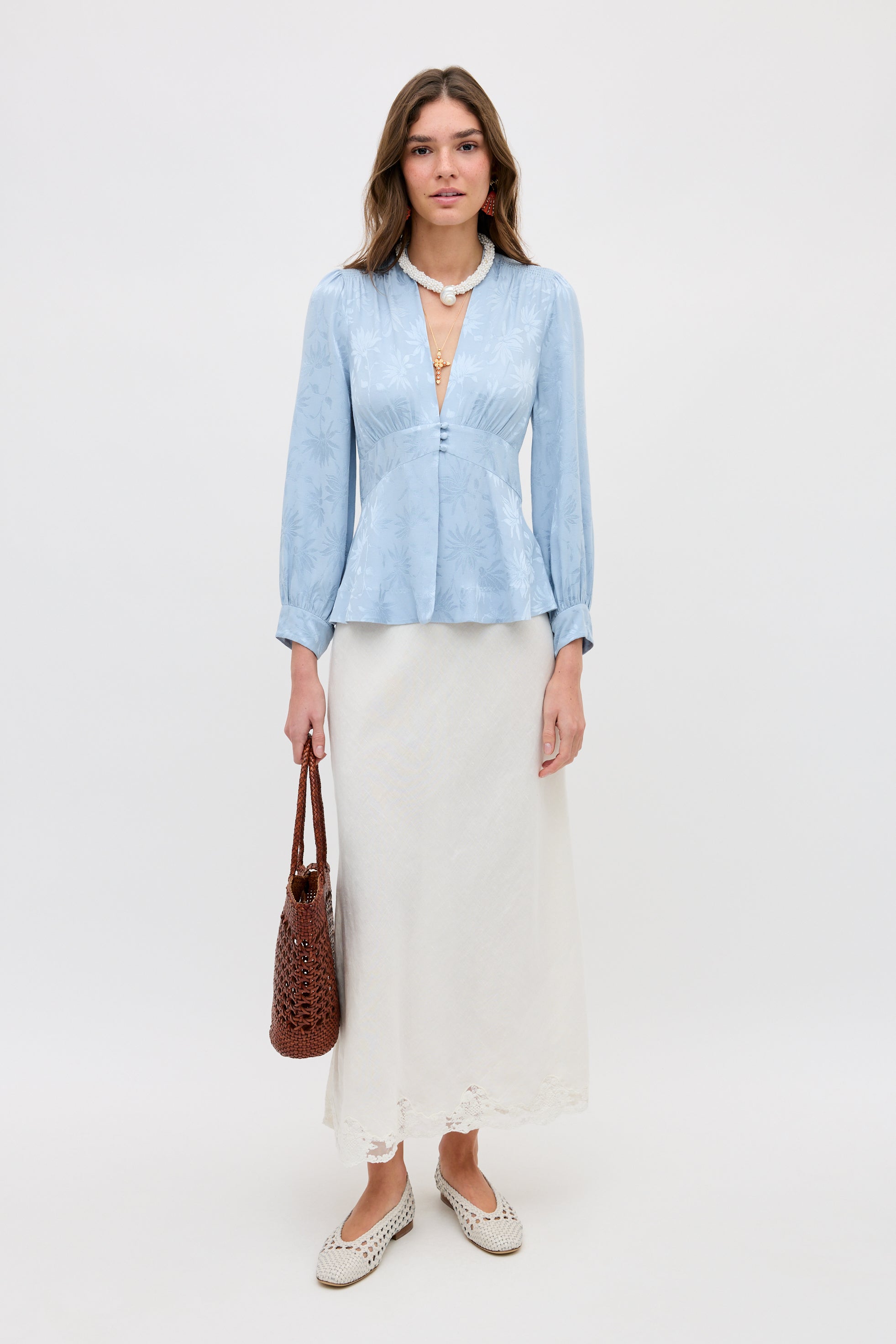 Bluelea  ブルレア　Jacquard blouse White L'Agence Dani 3/4 Sleeve Blouse in White/Blue Painterly Floral
