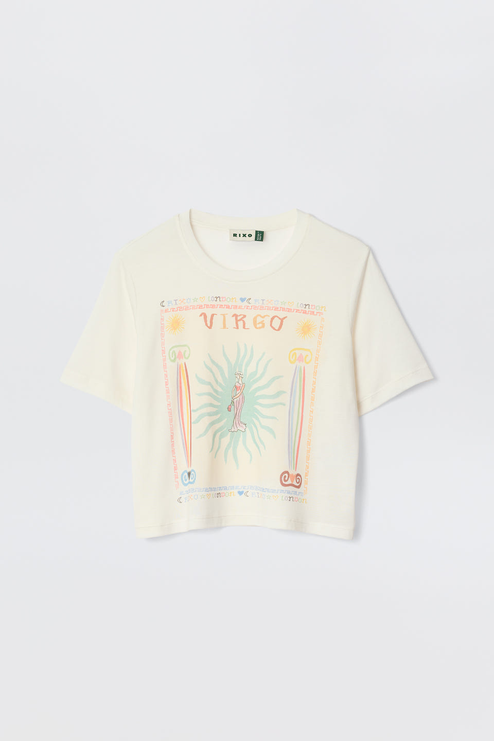 The Ria - Virgo is a white cropped short-sleeve t-shirt with a colorful artistic Virgo print, suns, symbols, and pastel accents on the front. Perfect for pairing with RIXO skirts. Shown against a plain white background.