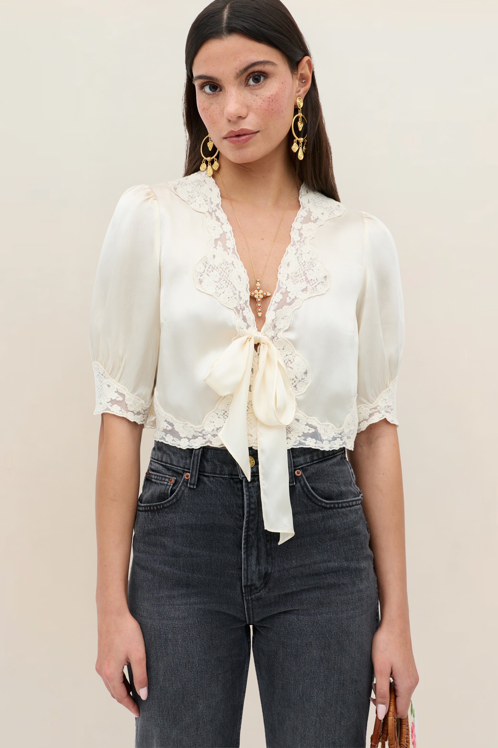 Amara Silk-Satin Top in Cream Champagne | RIXO ⋆
