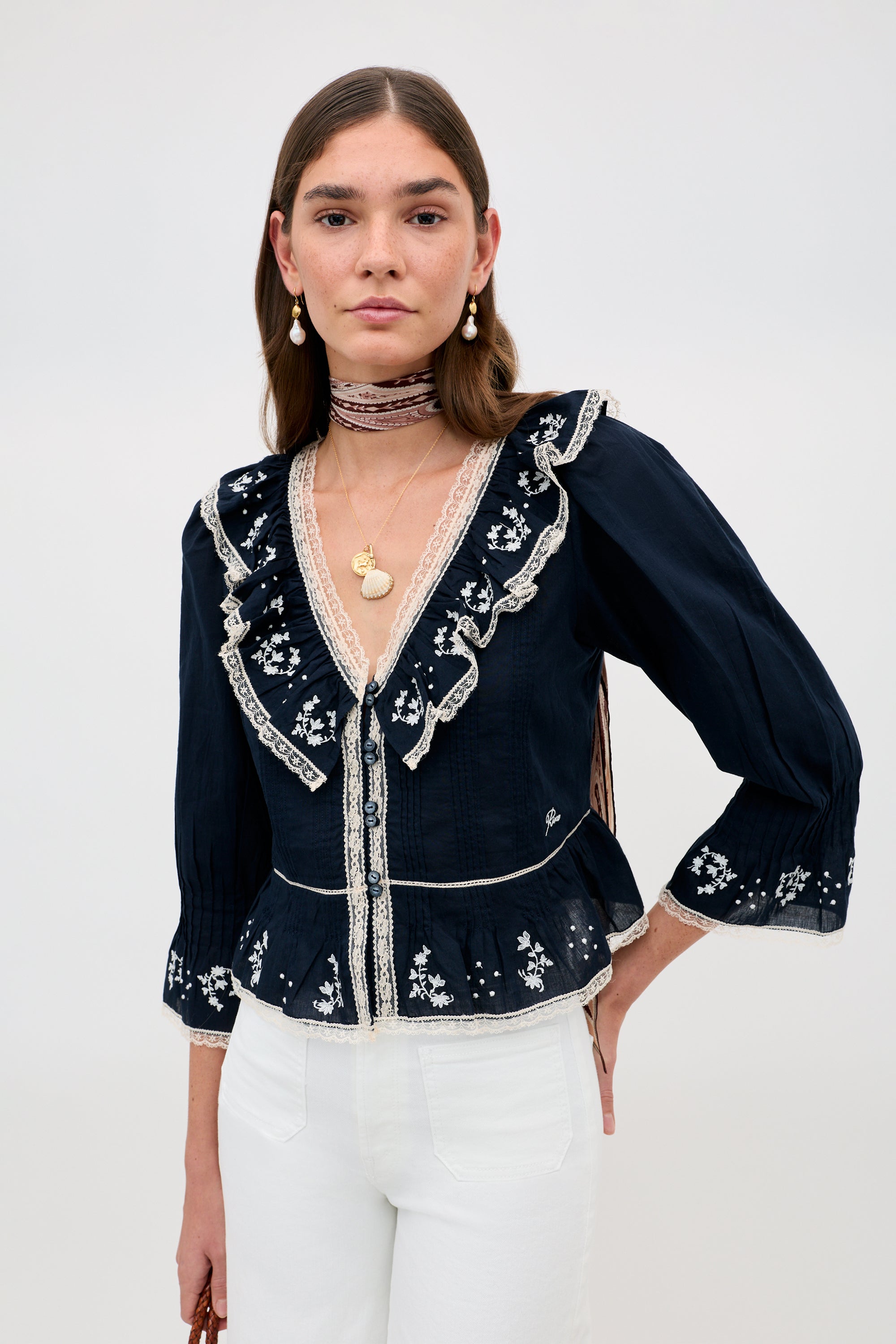 Solene Embroidered Cotton Blouse in Flower Trail Embroidery Navy