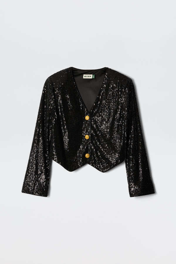 The Oliwia - Black stretch sequinned jacket is perfect for parties, featuring vintage gold buttons, a V-neckline, long sleeves, and a slightly cropped hem—shown against a plain light background.